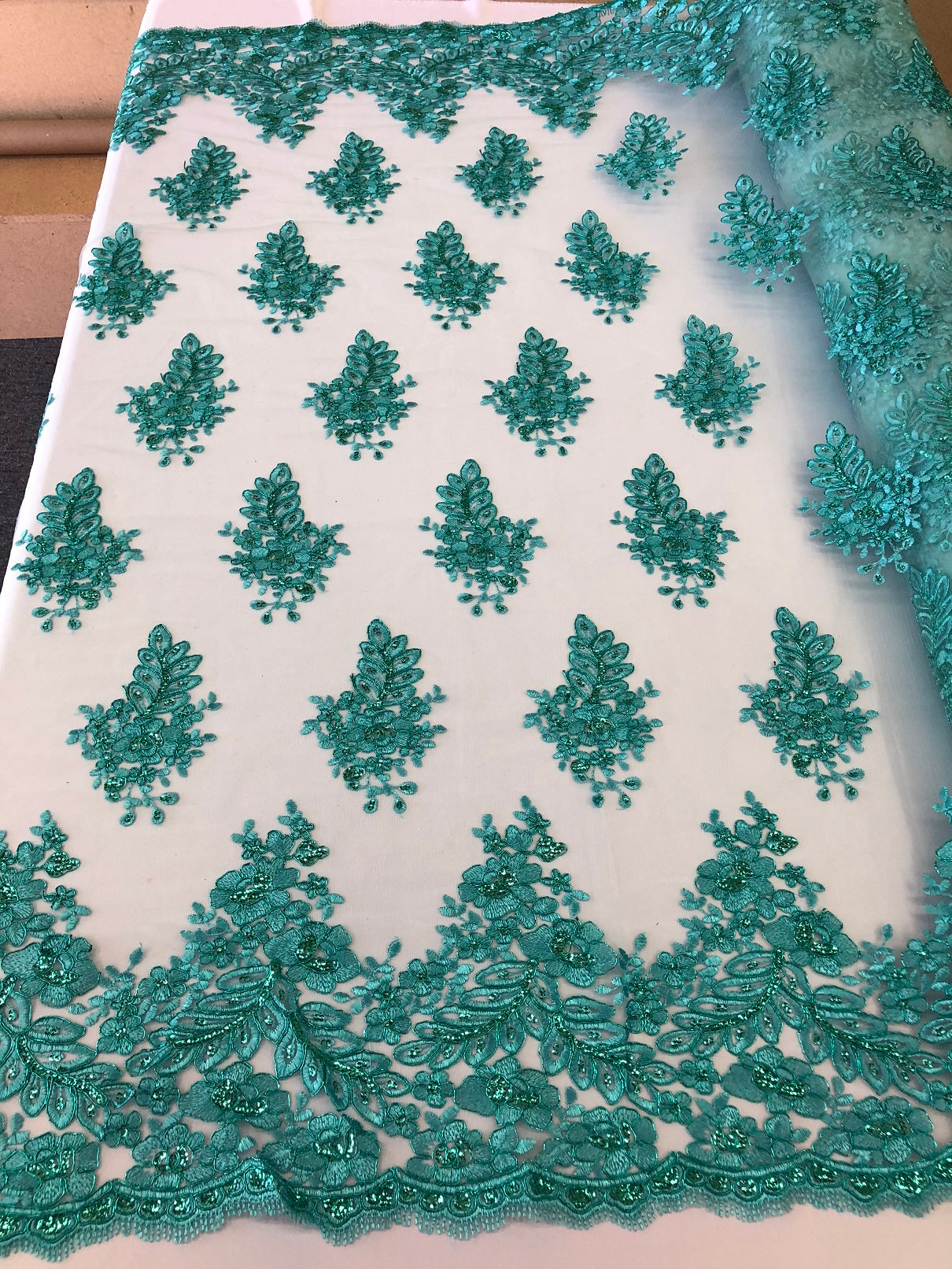 Floral Turquoise Embroidered Lace Fabric with Sequins Fancy Embroidery Design Fabrics By The Yard
