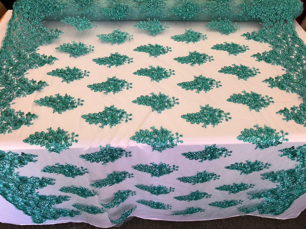 Floral Turquoise Embroidered Lace Fabric with Sequins Fancy Embroidery Design Fabrics By The Yard
