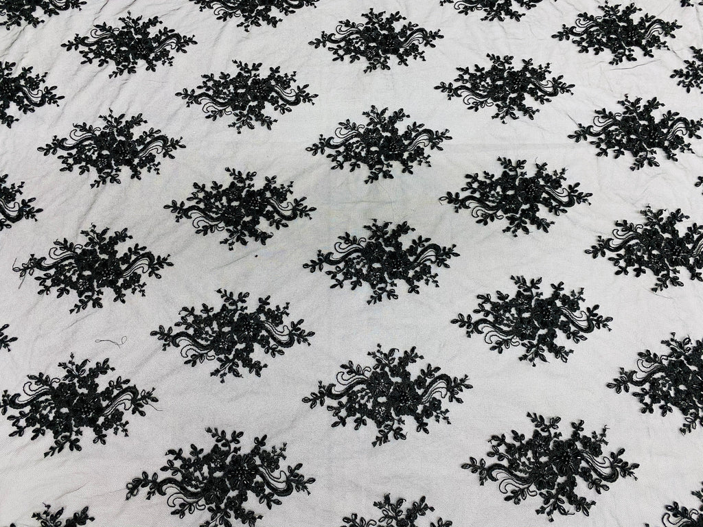 Floral Cluster Beads - Black - Embroidered Beaded Flower Design Fabric on Mesh