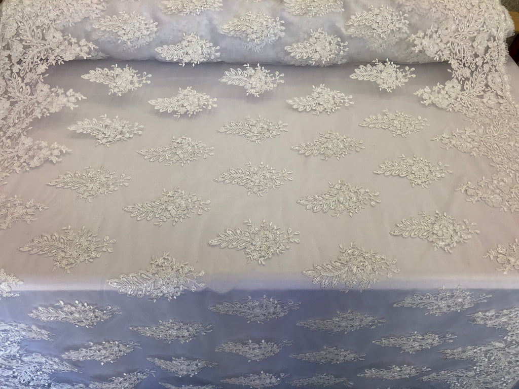 Floral Embroided Ivory  Lace Fabric with Sequins Fancy Embroidery Design Fabrics By The Yard