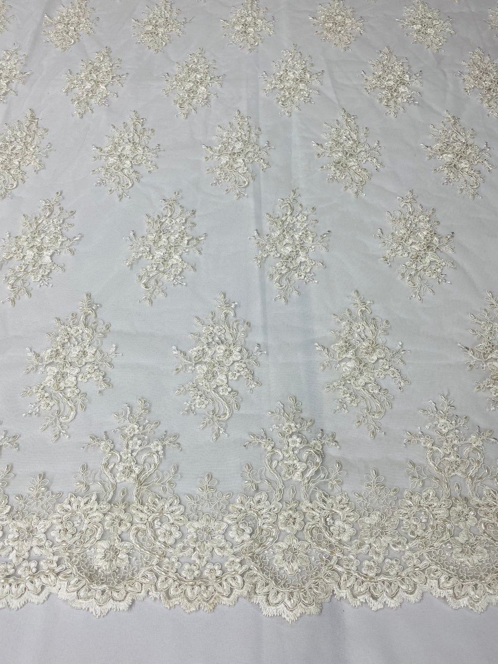 Floral Cluster Beads - Off White - Embroidered Beaded Flower Design Fabric on Mesh