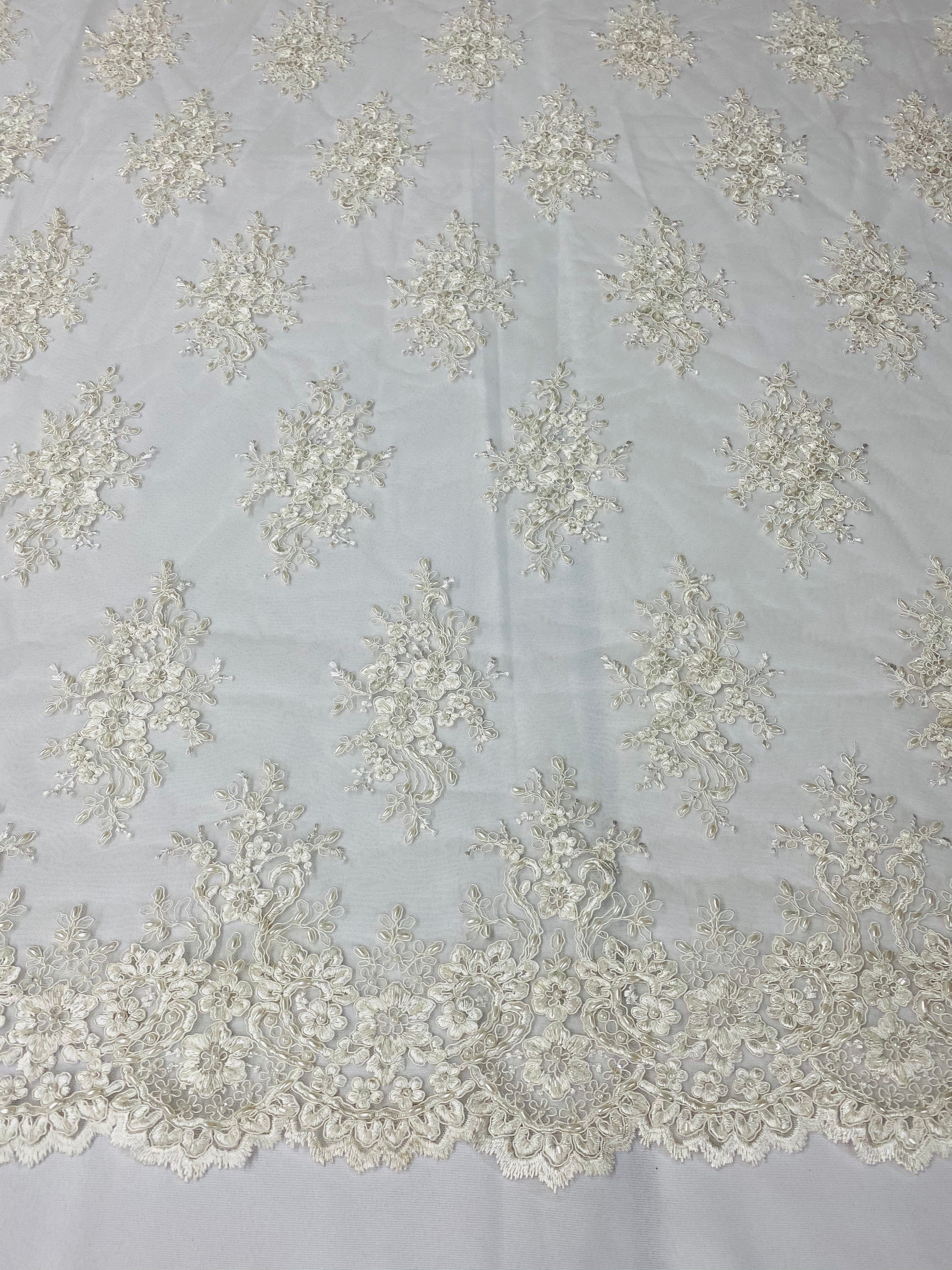 Floral Cluster Beads - Off White - Embroidered Beaded Flower Design Fabric on Mesh