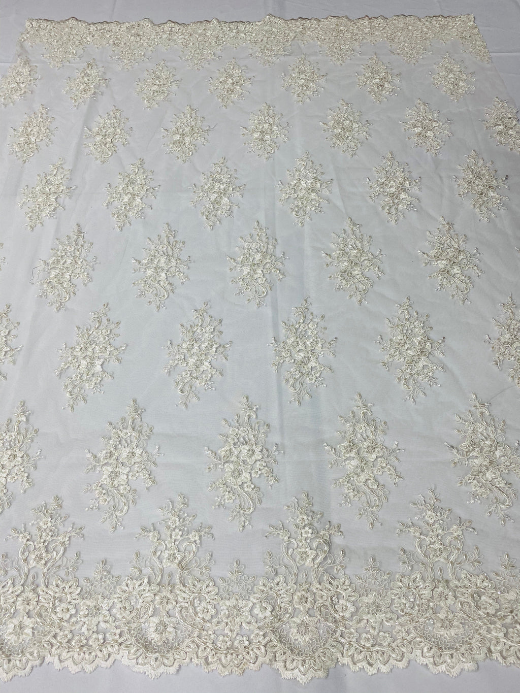 Floral Cluster Beads - Off White - Embroidered Beaded Flower Design Fabric on Mesh