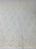 Floral Cluster Beads - Off White - Embroidered Beaded Flower Design Fabric on Mesh
