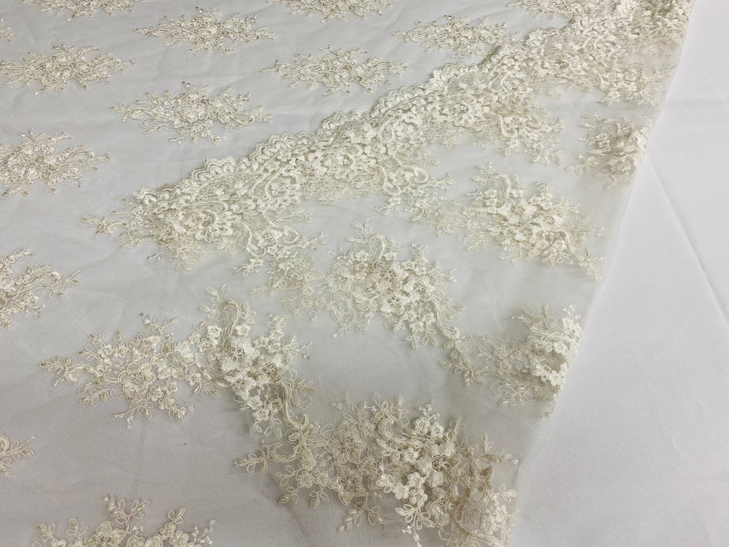 Floral Cluster Beads - Off White - Embroidered Beaded Flower Design Fabric on Mesh