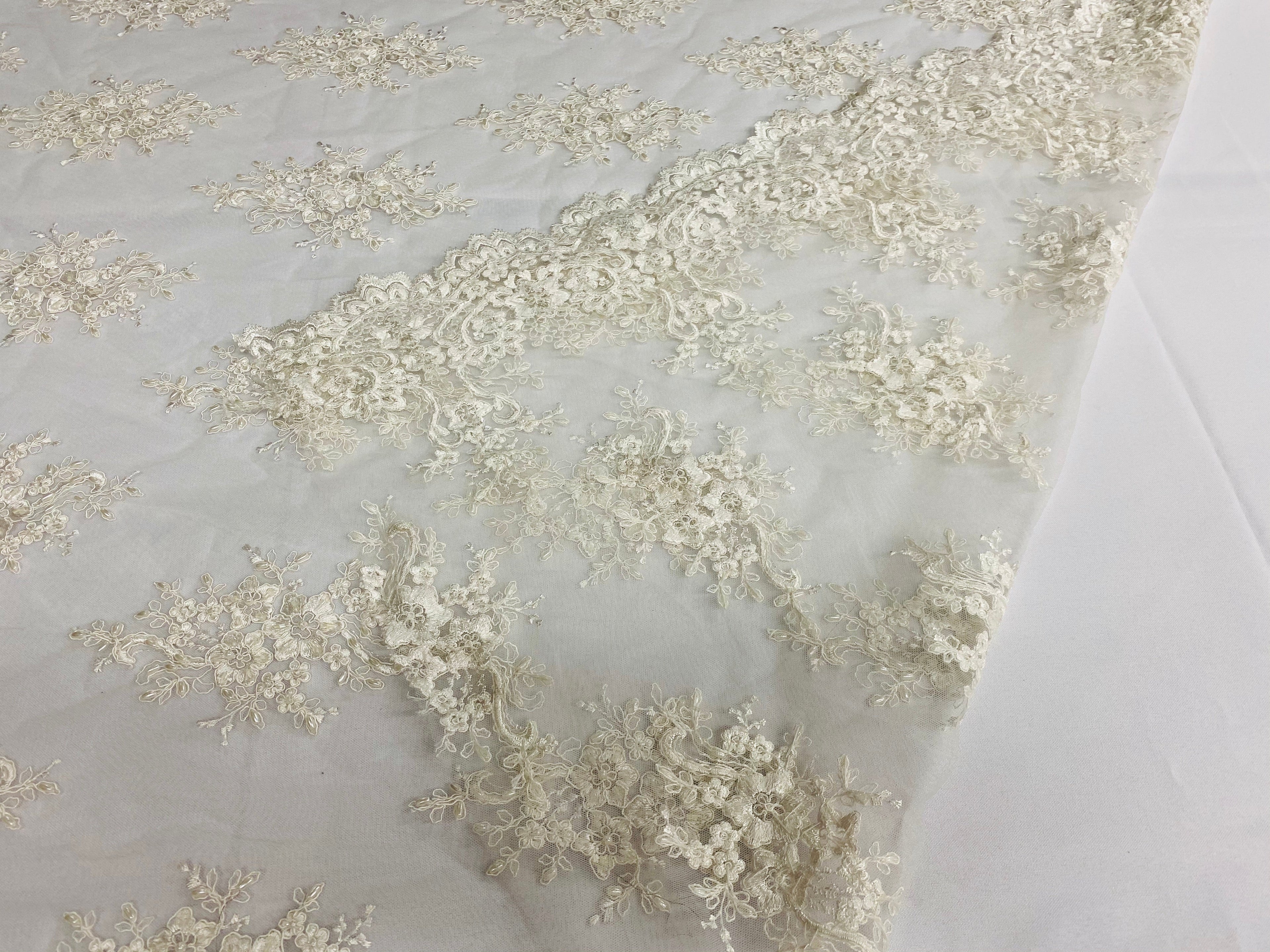 Floral Cluster Beads - Off White - Embroidered Beaded Flower Design Fabric on Mesh