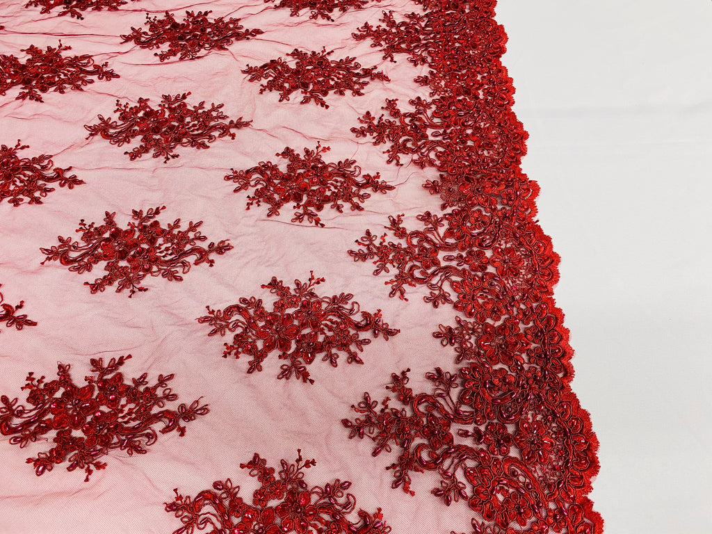 Floral Cluster Beads - Burgundy - Embroidered Beaded Flower Design Fabric on Mesh