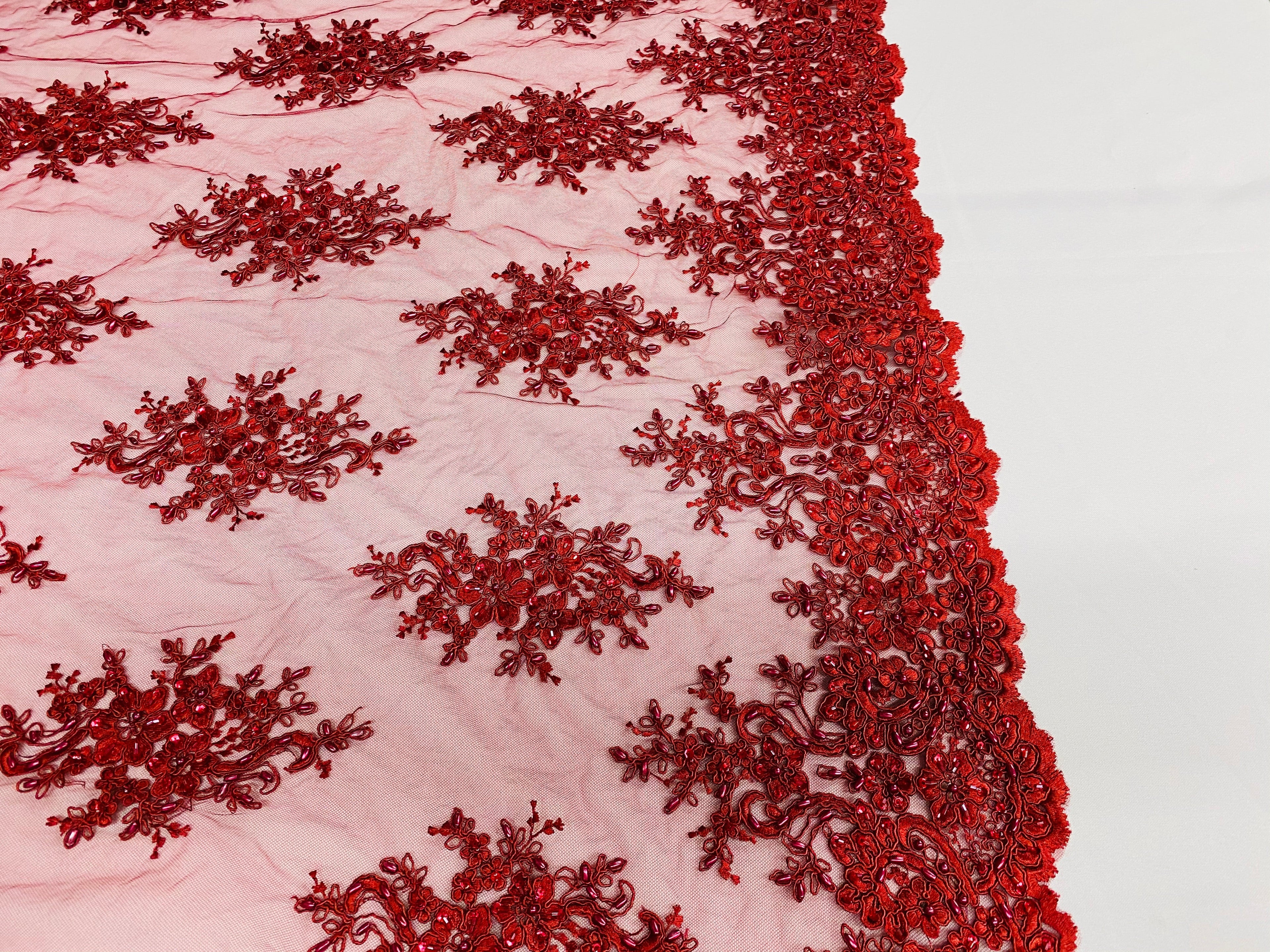 Floral Cluster Beads - Burgundy - Embroidered Beaded Flower Design Fabric on Mesh