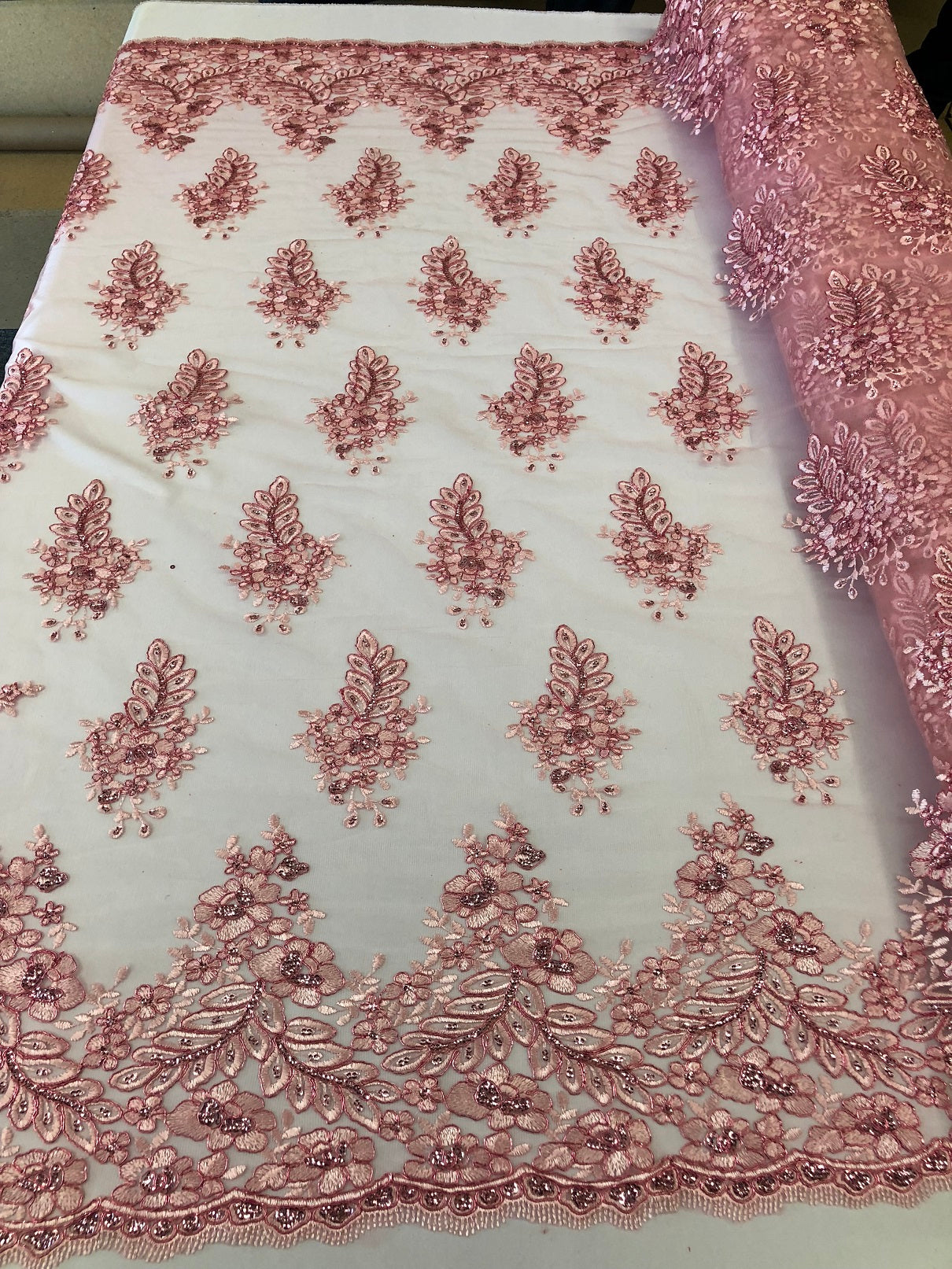 Floral Pink Embroidered Lace Fabric with Sequins Fancy Embroidery Design Fabrics By The Yard