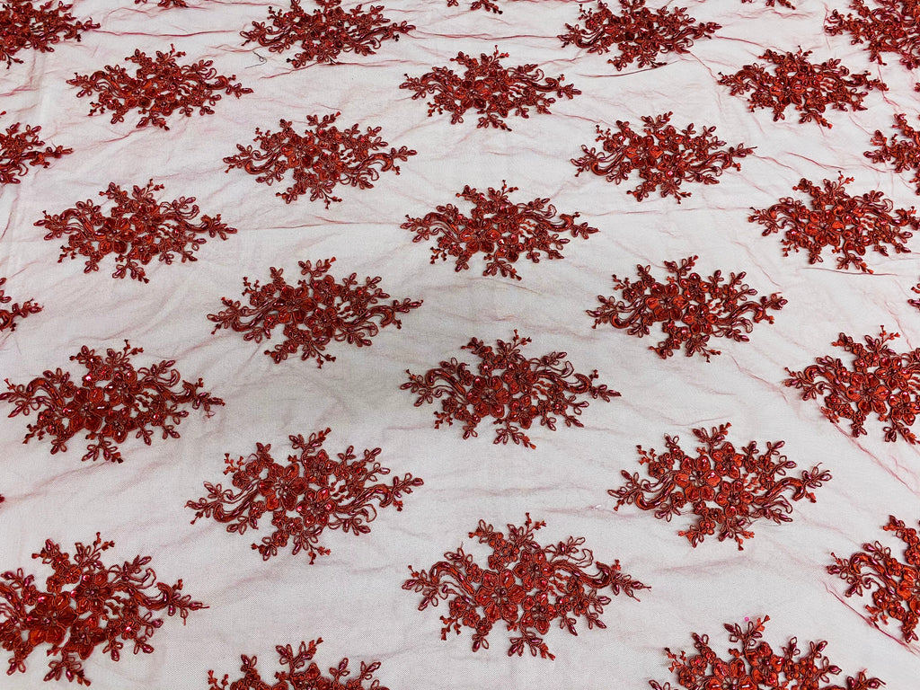 Floral Cluster Beads - Burgundy - Embroidered Beaded Flower Design Fabric on Mesh