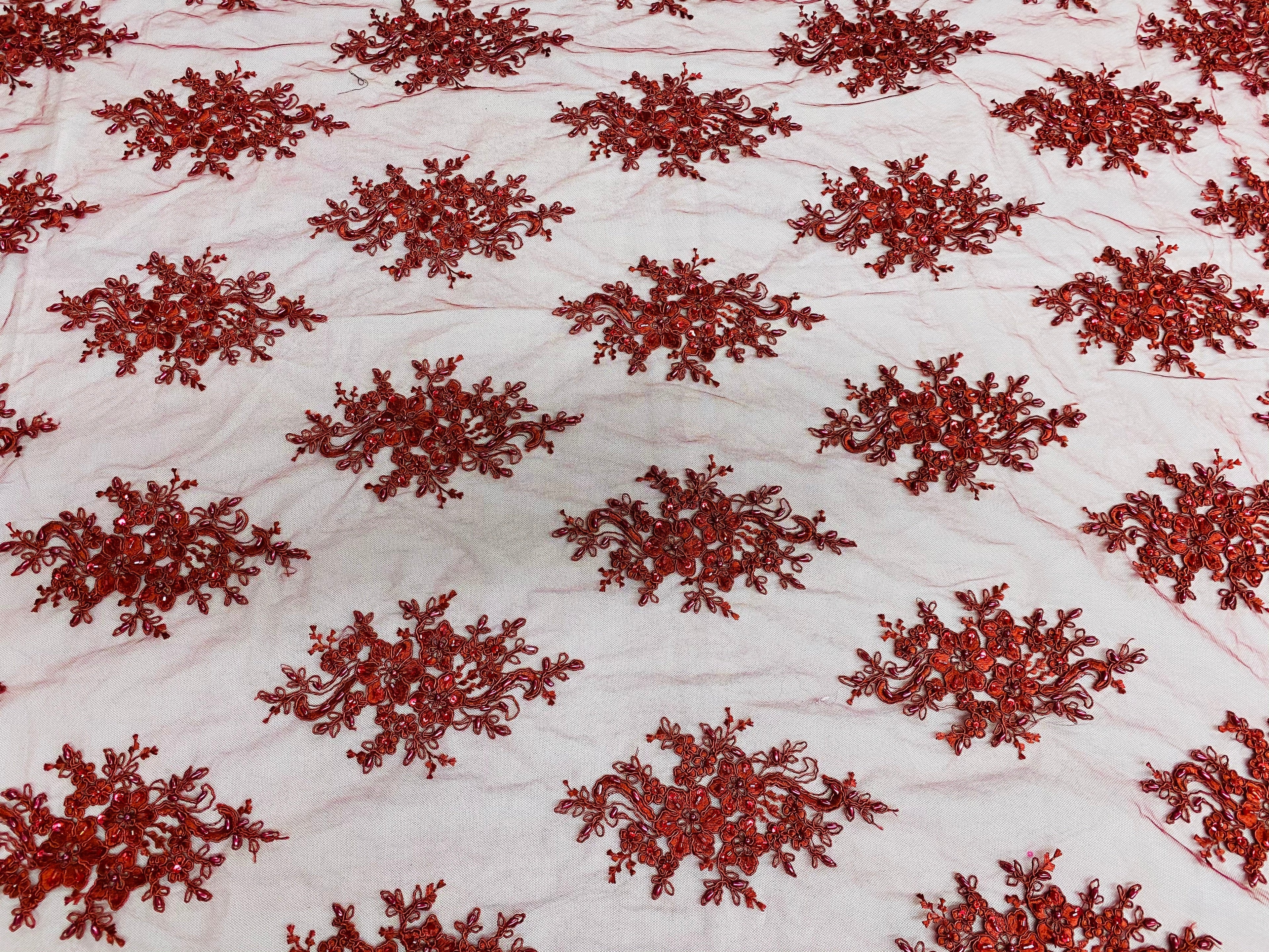 Floral Cluster Beads - Burgundy - Embroidered Beaded Flower Design Fabric on Mesh
