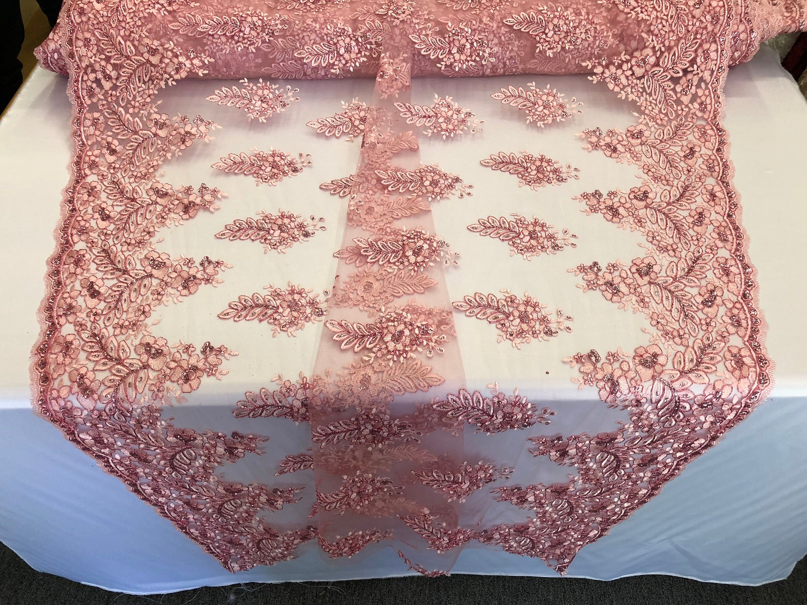 Floral Pink Embroidered Lace Fabric with Sequins Fancy Embroidery Design Fabrics By The Yard