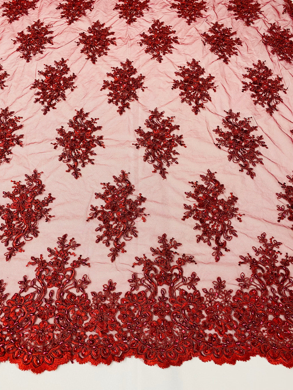 Floral Cluster Beads - Burgundy - Embroidered Beaded Flower Design Fabric on Mesh