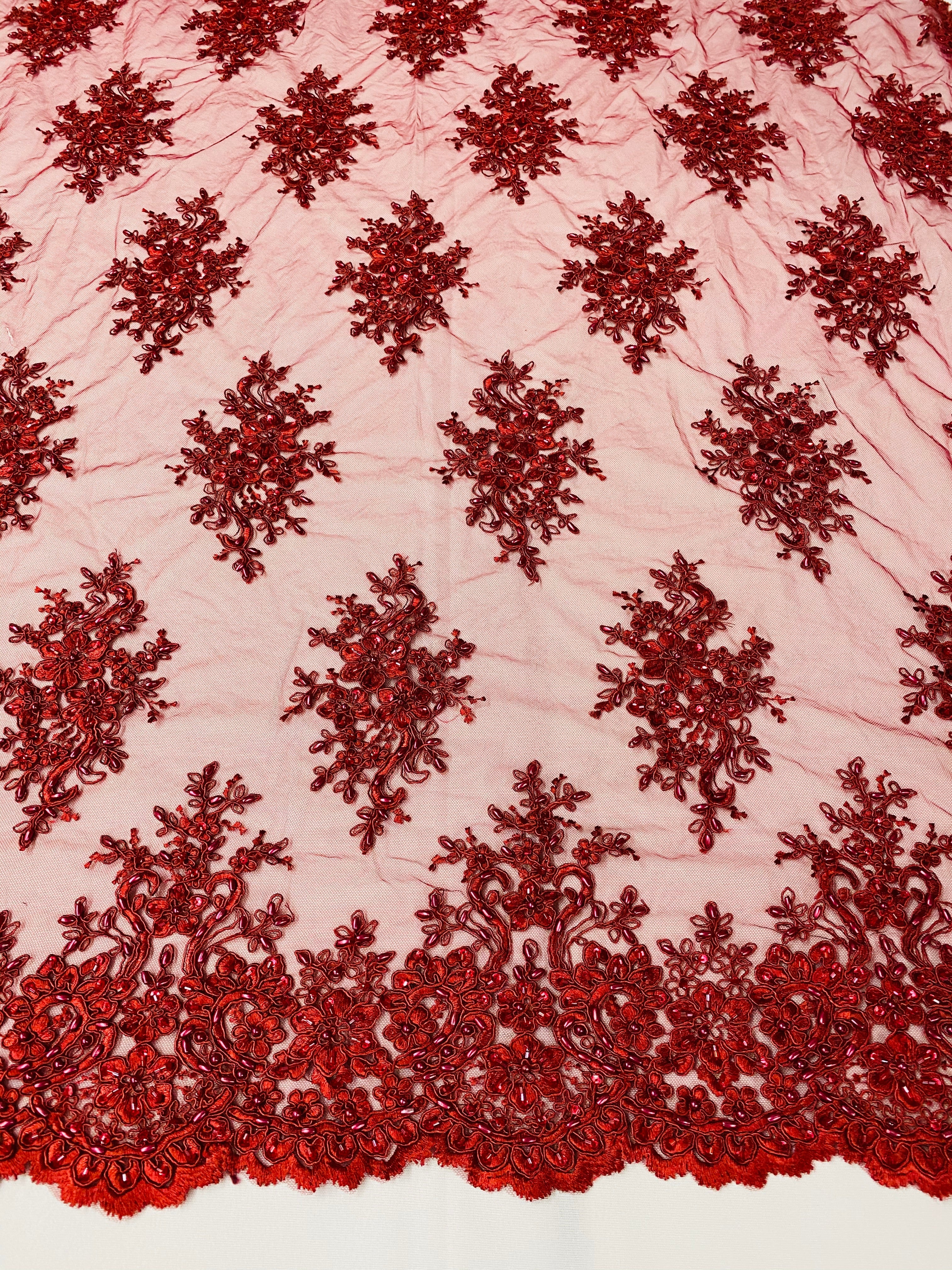 Floral Cluster Beads - Burgundy - Embroidered Beaded Flower Design Fabric on Mesh