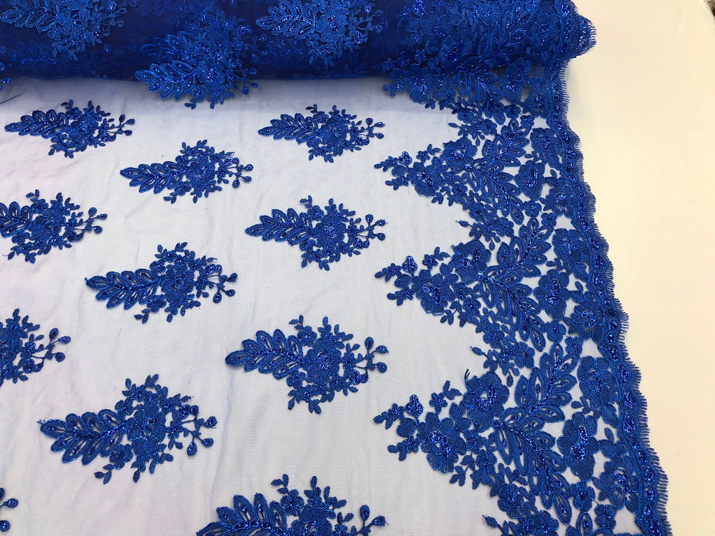Floral Embroided Royal Blue Lace Fabric with Sequins Fancy Embroidery Design Fabricsby The Yard