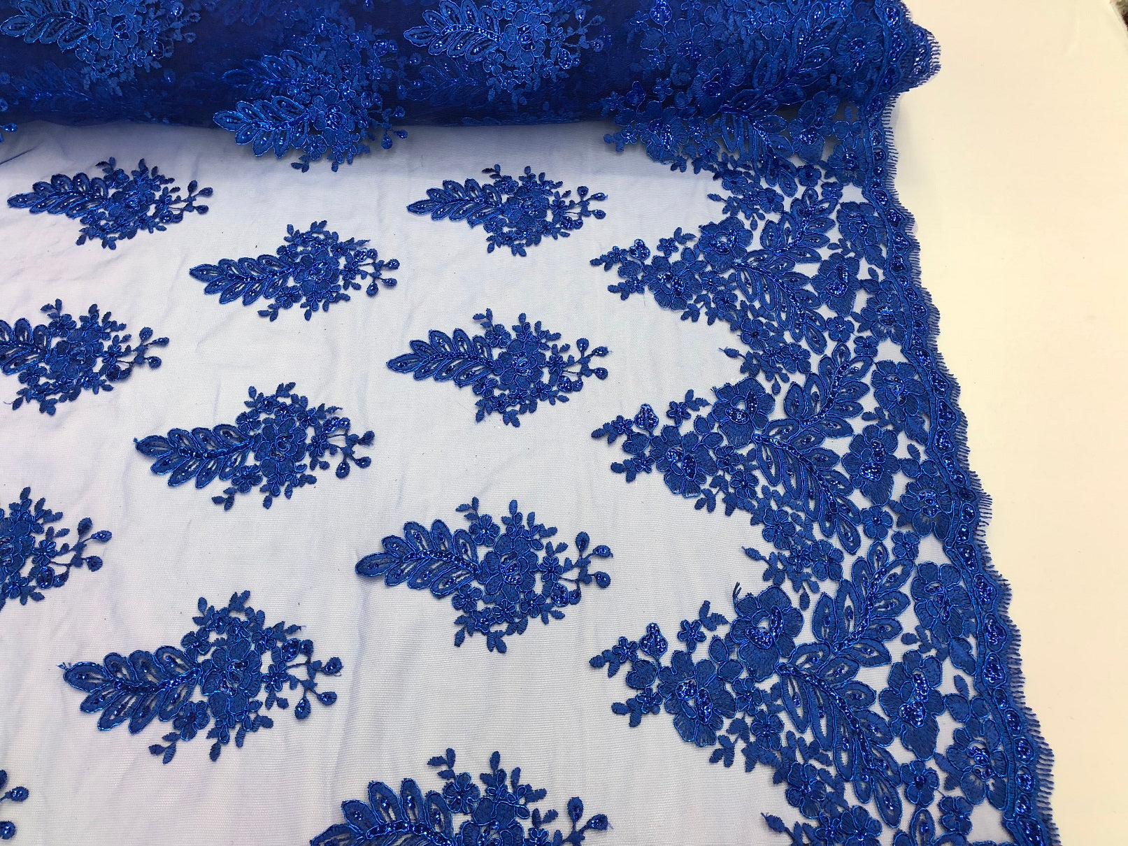 Floral Embroided Royal Blue Lace Fabric with Sequins Fancy Embroidery Design Fabricsby The Yard