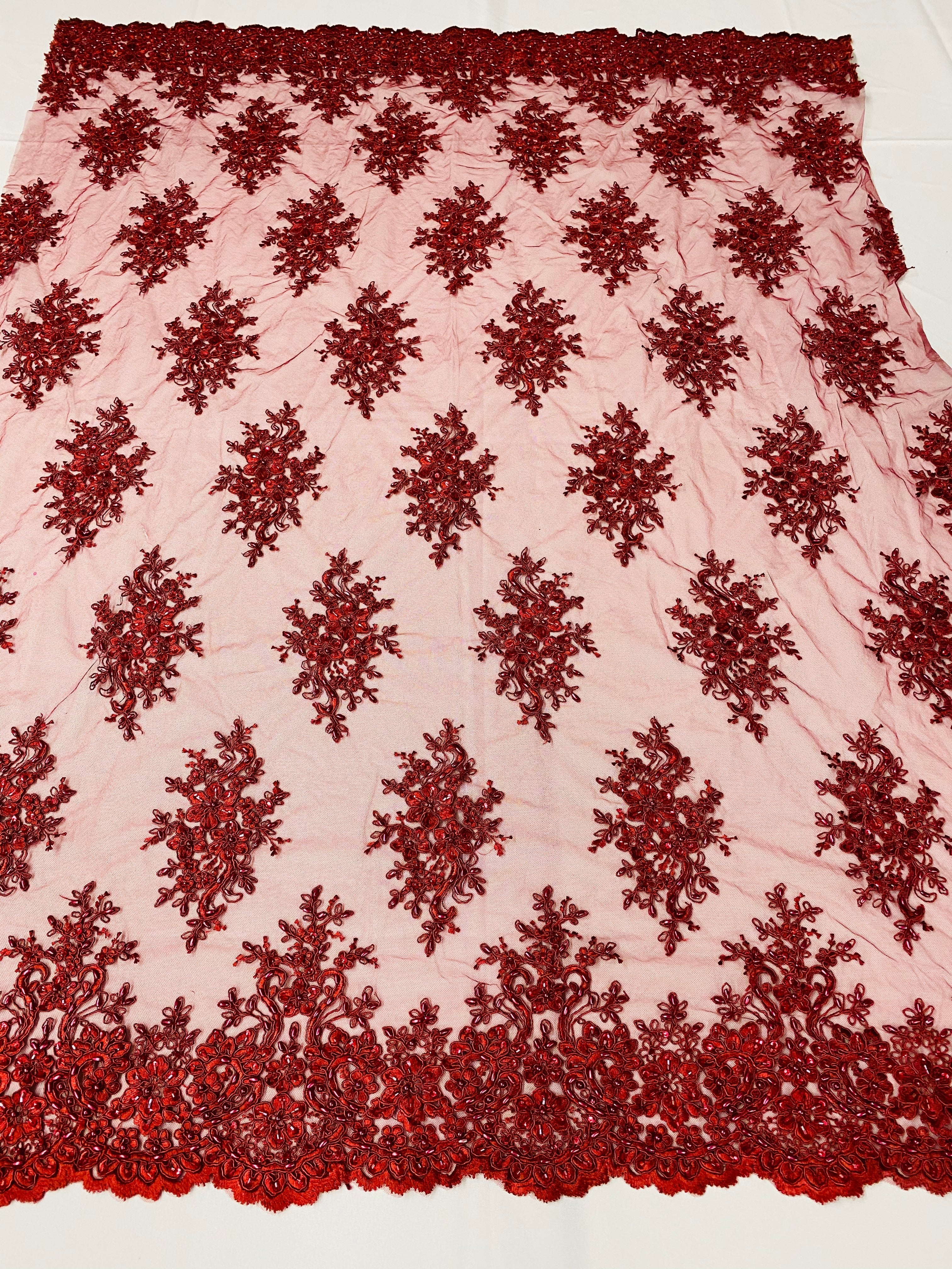 Floral Cluster Beads - Burgundy - Embroidered Beaded Flower Design Fabric on Mesh