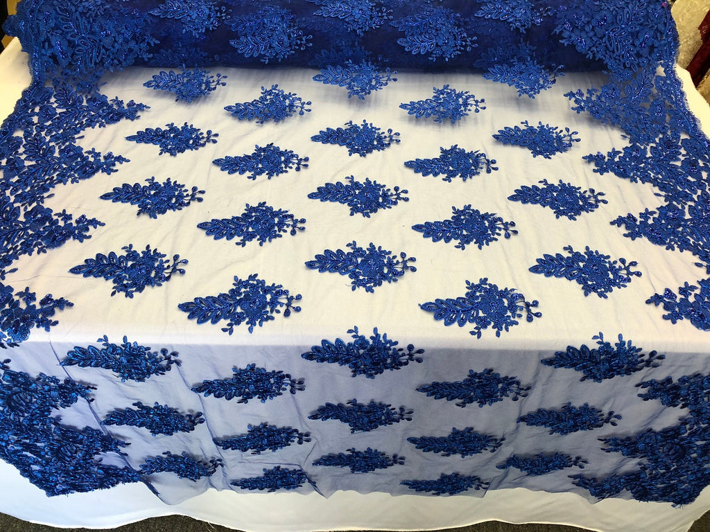 Floral Embroided Royal Blue Lace Fabric with Sequins Fancy Embroidery Design Fabricsby The Yard