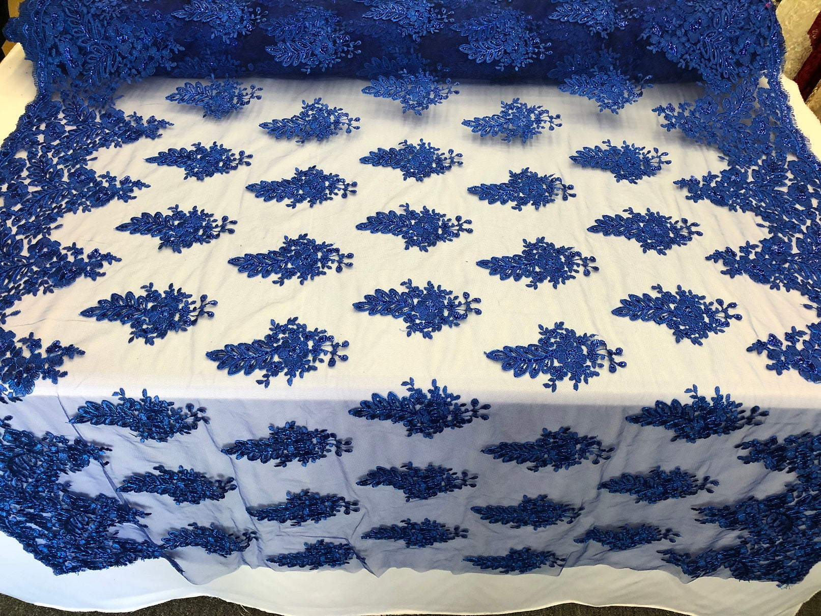 Floral Embroided Royal Blue Lace Fabric with Sequins Fancy Embroidery Design Fabricsby The Yard