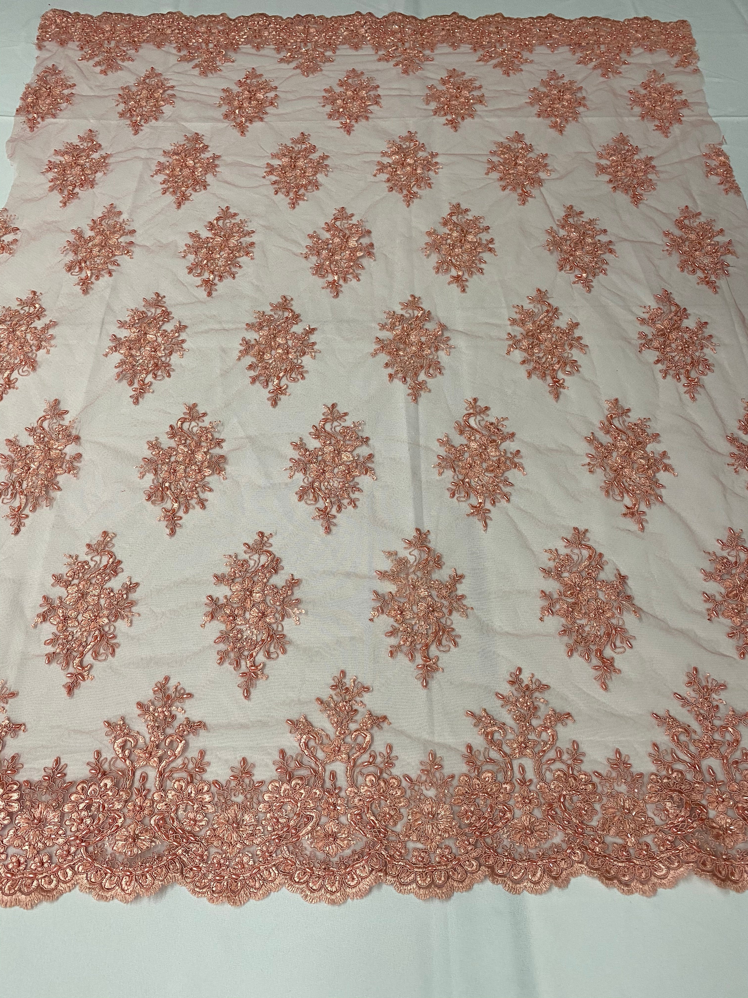 Floral Cluster Beads - Peach - Embroidered Beaded Flower Design Fabric on Mesh