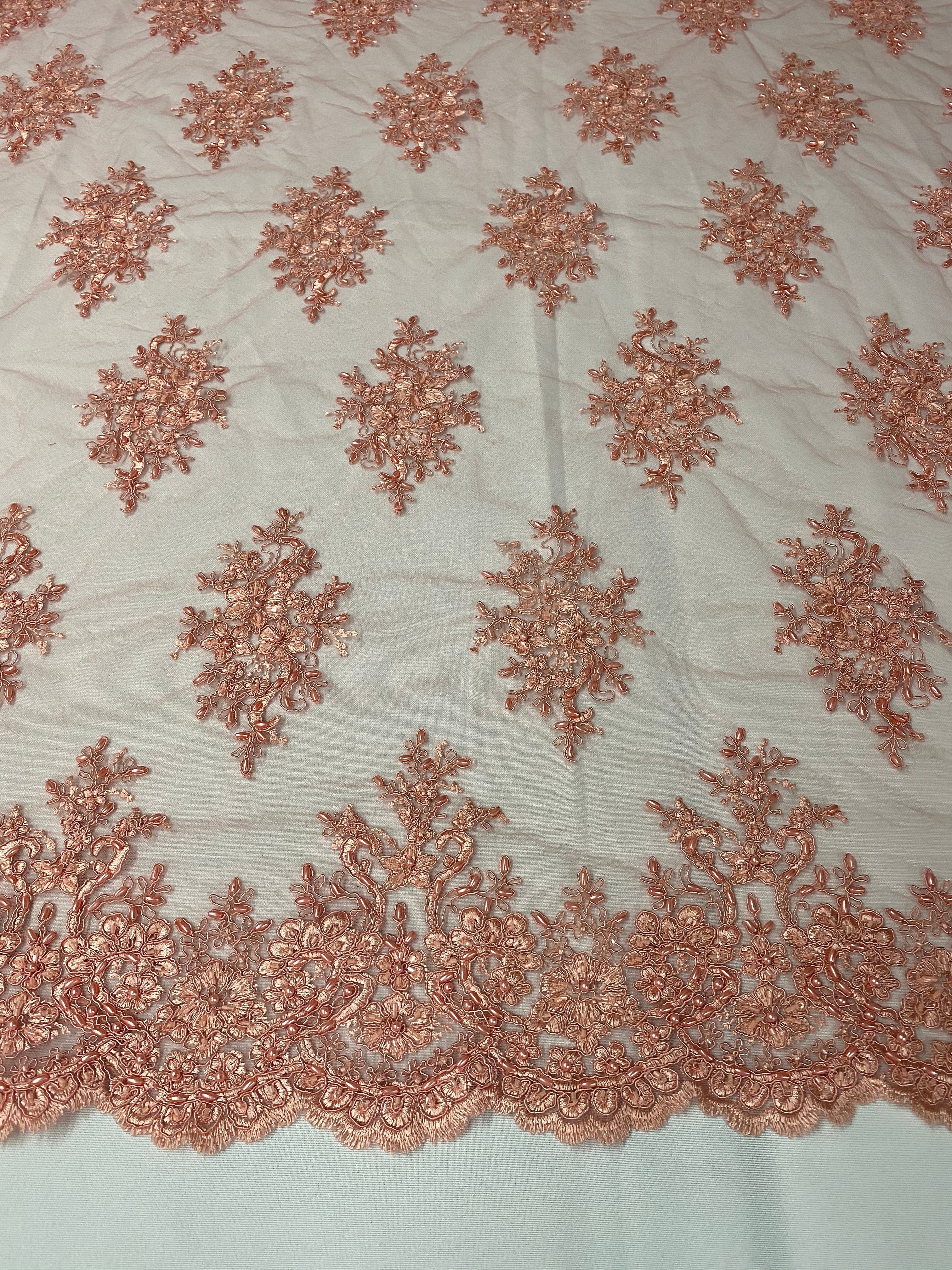 Floral Cluster Beads - Peach - Embroidered Beaded Flower Design Fabric on Mesh