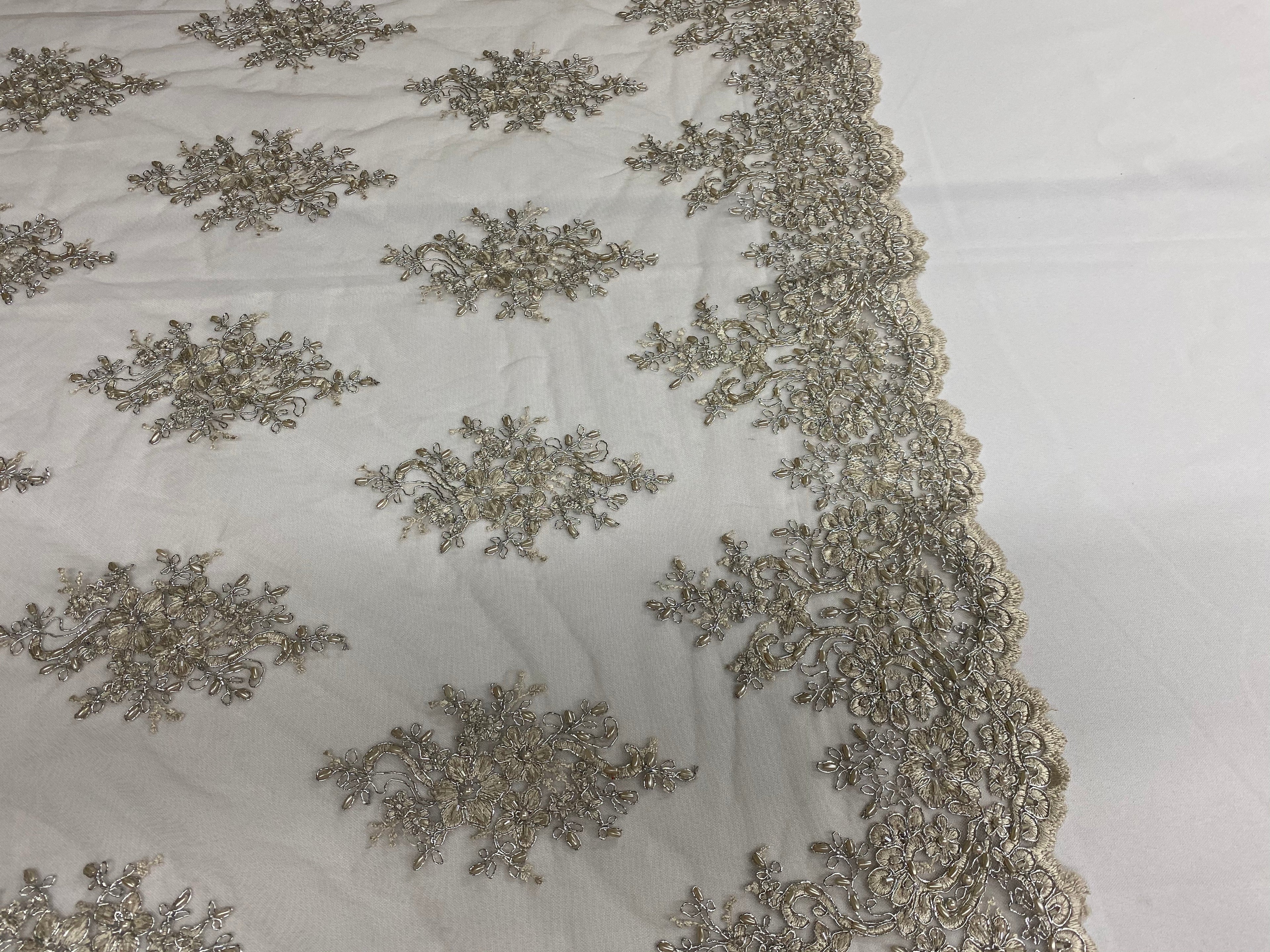 Floral Cluster Beads - Grey with Silver - Embroidered Beaded Flower Design Fabric on Mesh