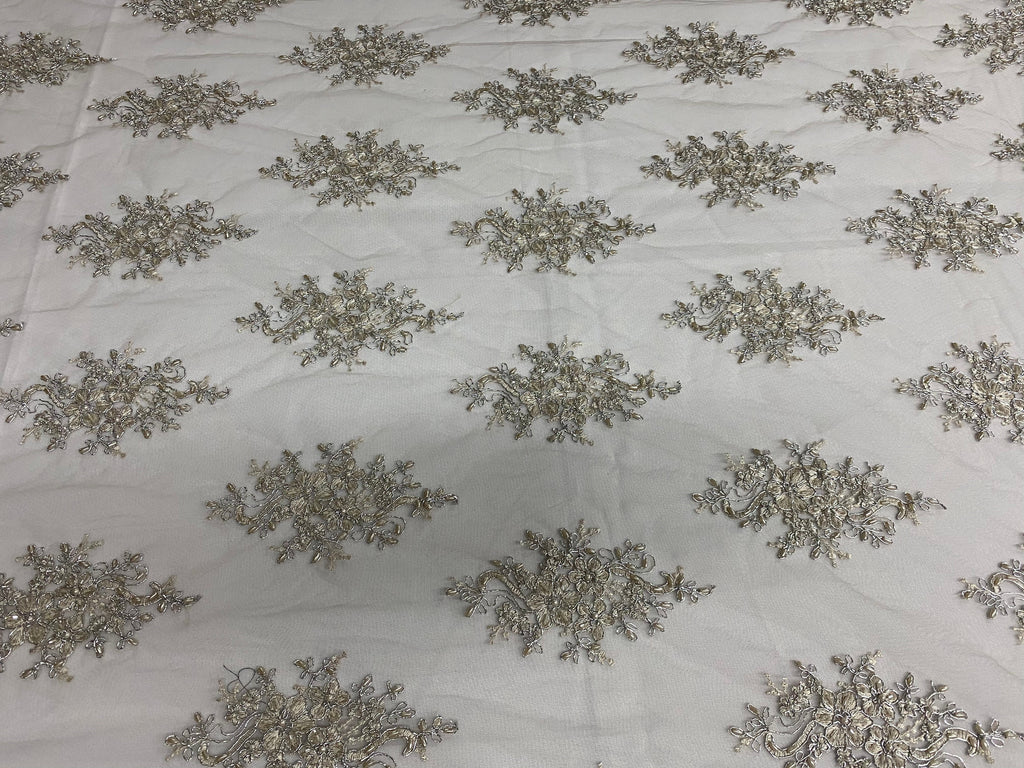 Floral Cluster Beads - Grey with Silver - Embroidered Beaded Flower Design Fabric on Mesh