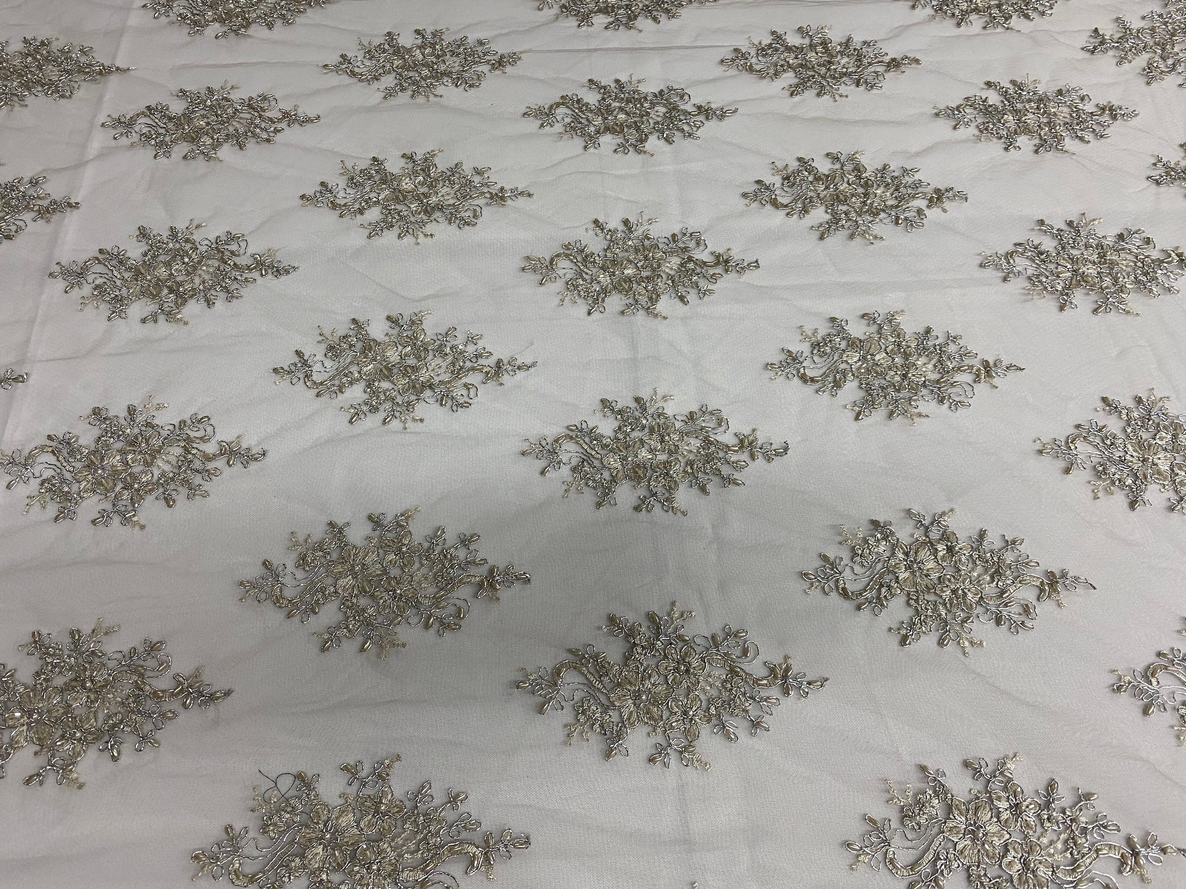 Floral Cluster Beads - Grey with Silver - Embroidered Beaded Flower Design Fabric on Mesh