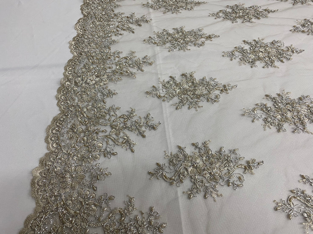 Floral Cluster Beads - Grey with Silver - Embroidered Beaded Flower Design Fabric on Mesh