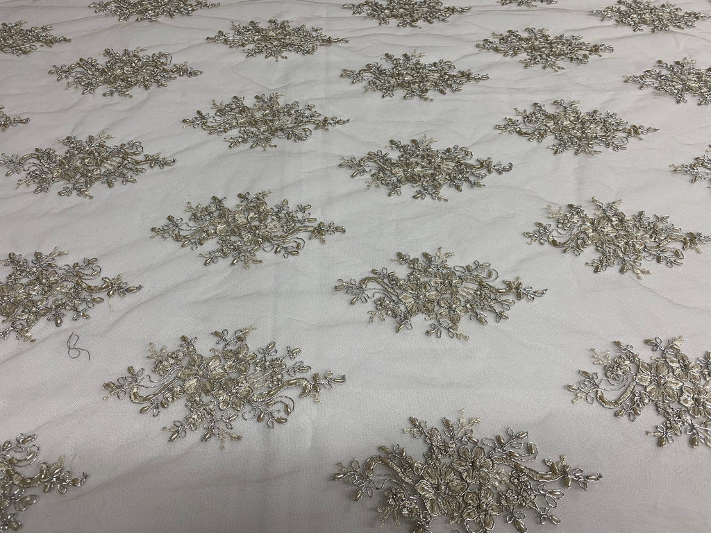 Floral Cluster Beads - Grey with Silver - Embroidered Beaded Flower Design Fabric on Mesh