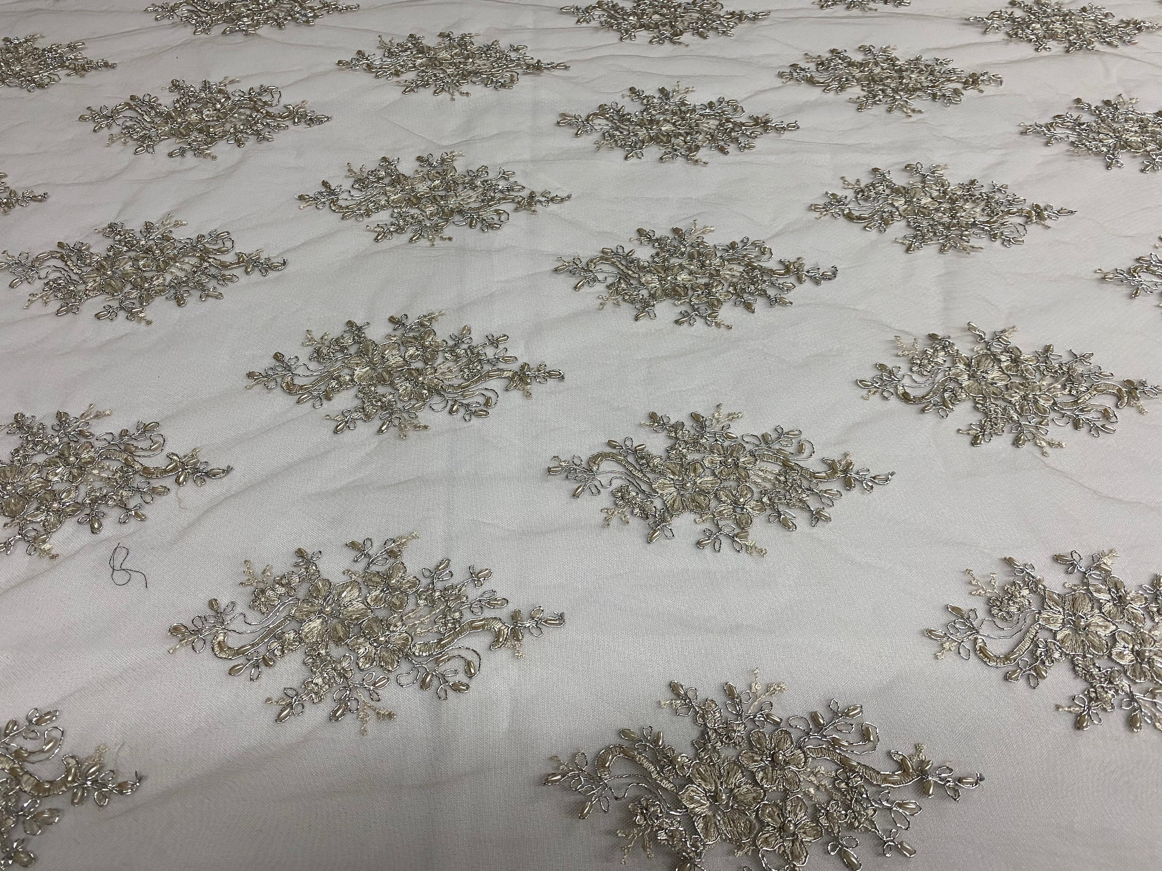 Floral Cluster Beads - Grey with Silver - Embroidered Beaded Flower Design Fabric on Mesh