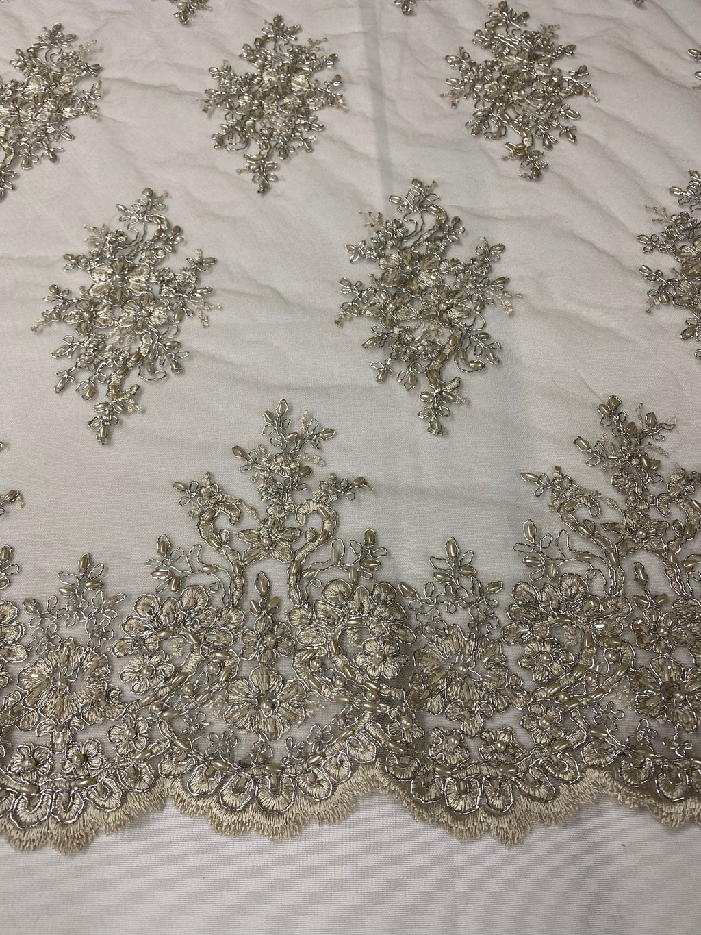 Floral Cluster Beads - Grey with Silver - Embroidered Beaded Flower Design Fabric on Mesh