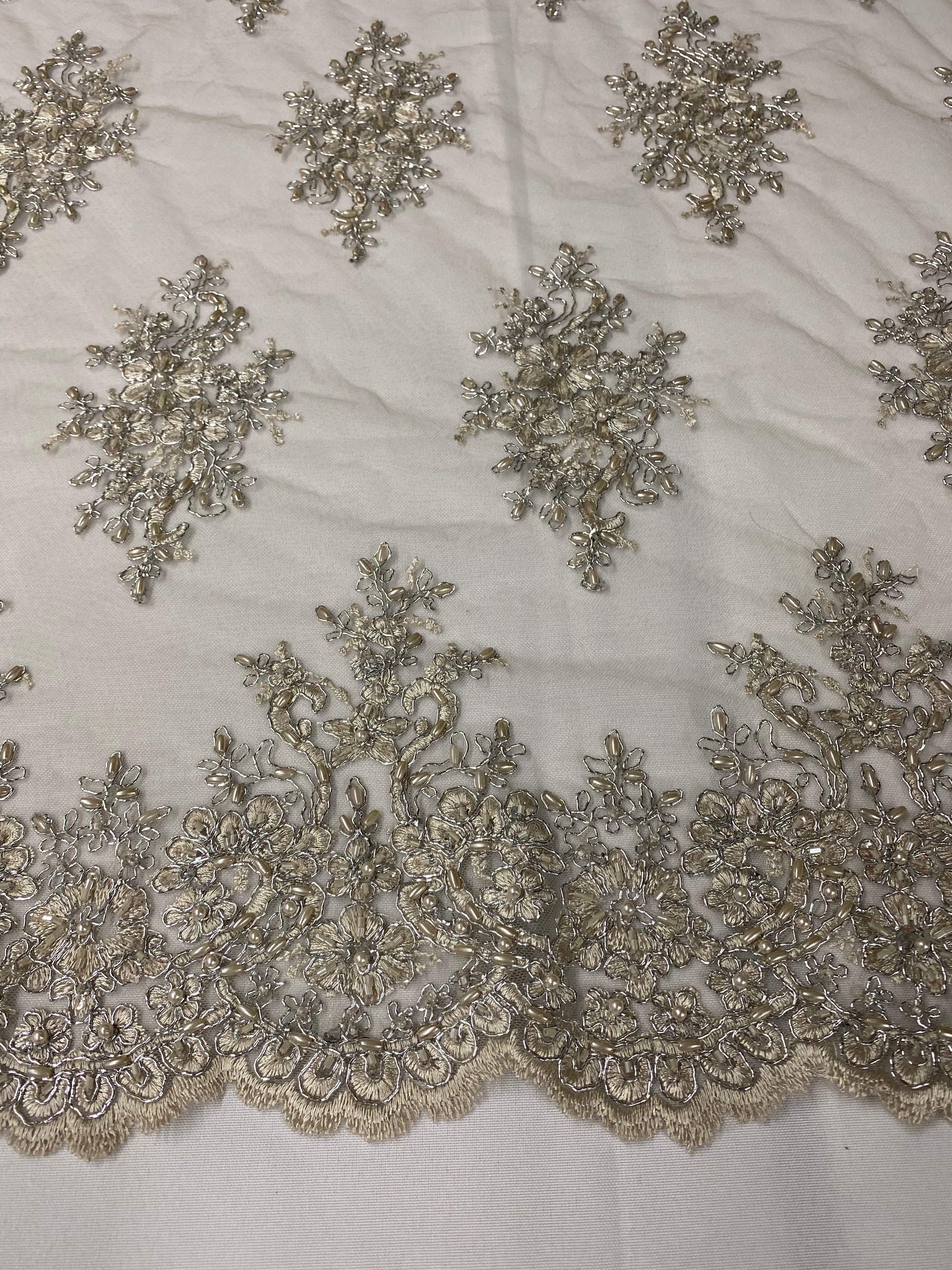 Floral Cluster Beads - Grey with Silver - Embroidered Beaded Flower Design Fabric on Mesh