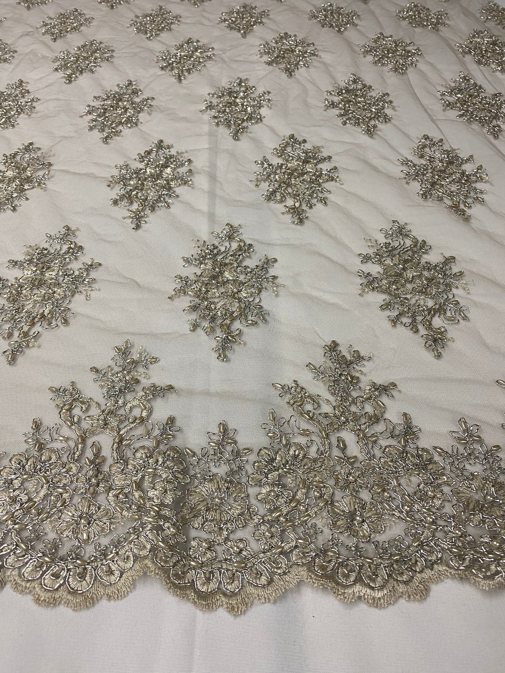 Floral Cluster Beads - Grey with Silver - Embroidered Beaded Flower Design Fabric on Mesh