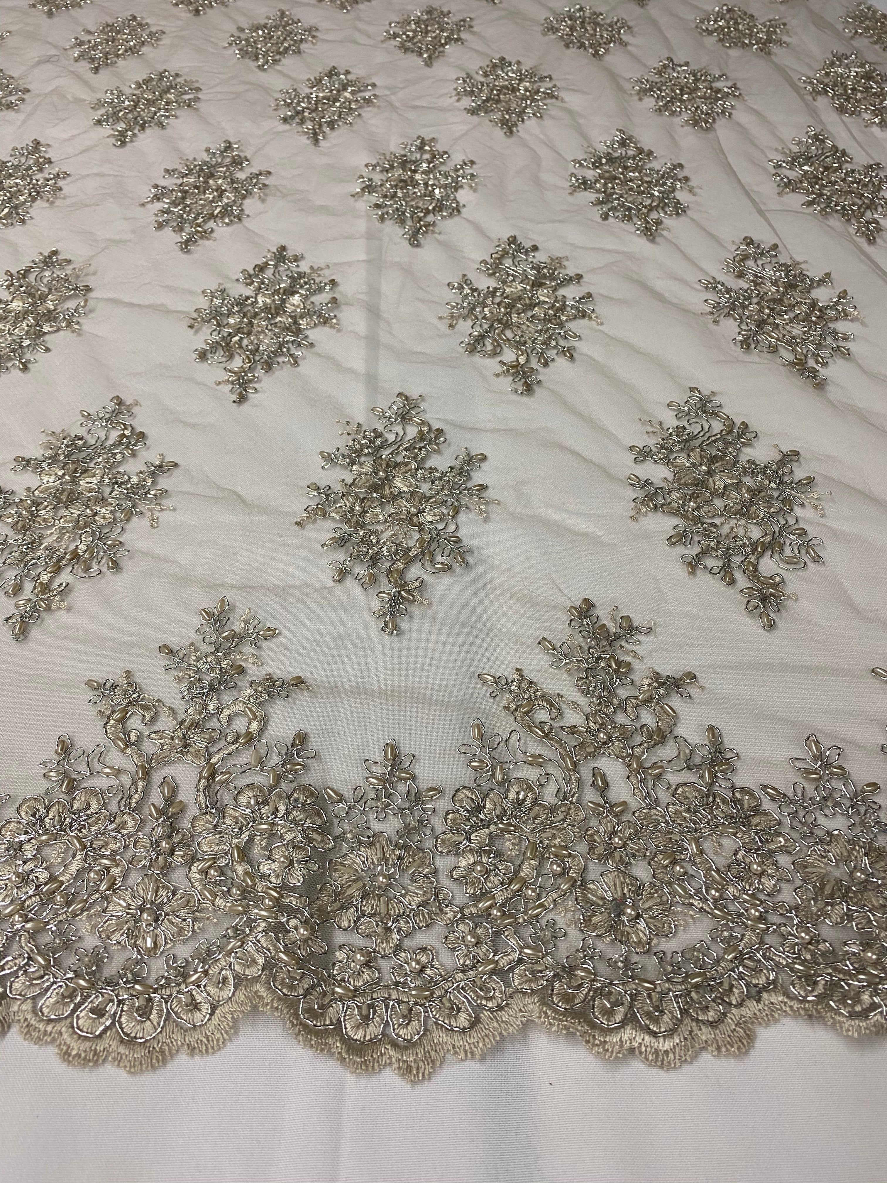 Floral Cluster Beads - Grey with Silver - Embroidered Beaded Flower Design Fabric on Mesh