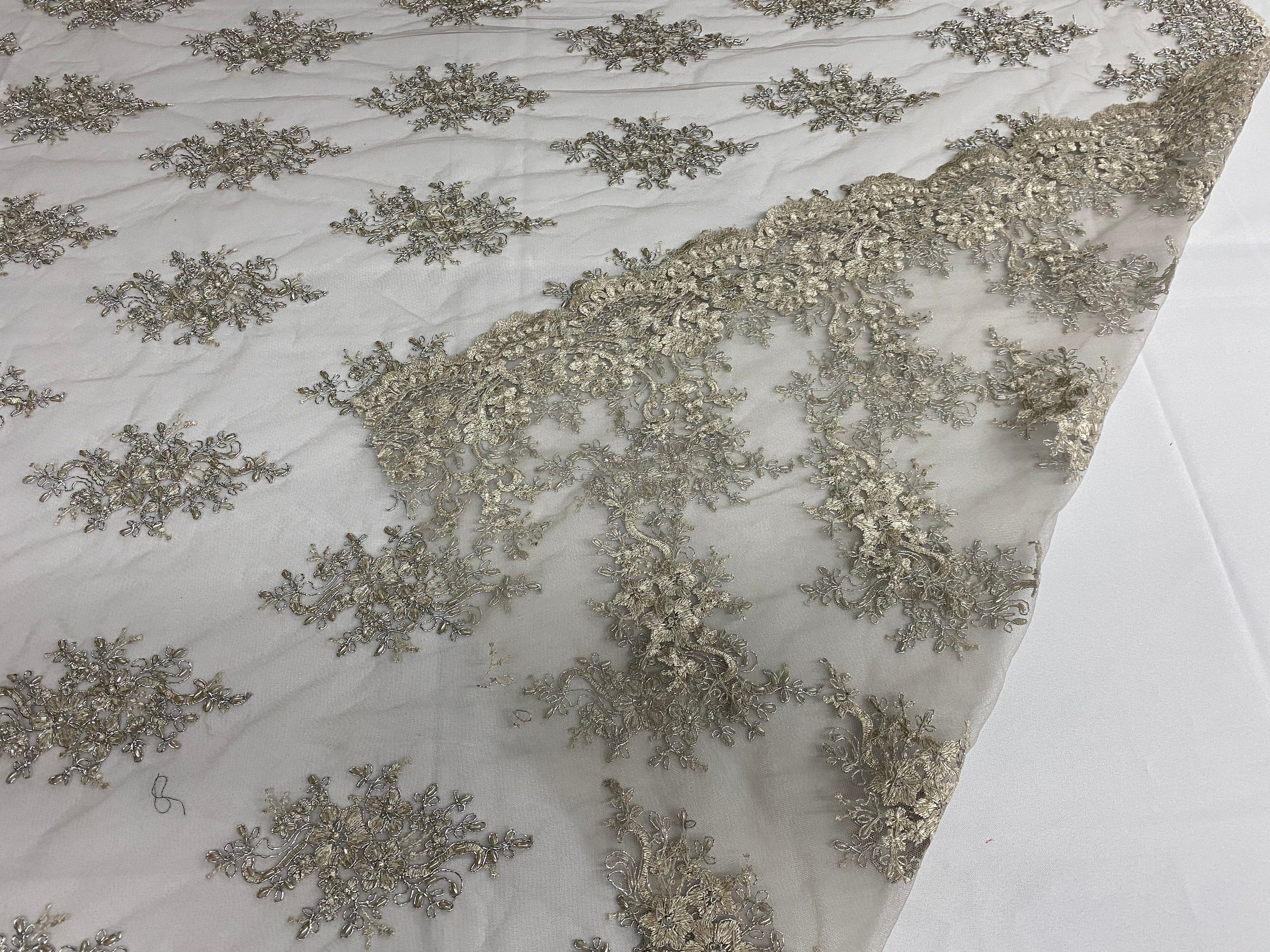 Floral Cluster Beads - Grey with Silver - Embroidered Beaded Flower Design Fabric on Mesh