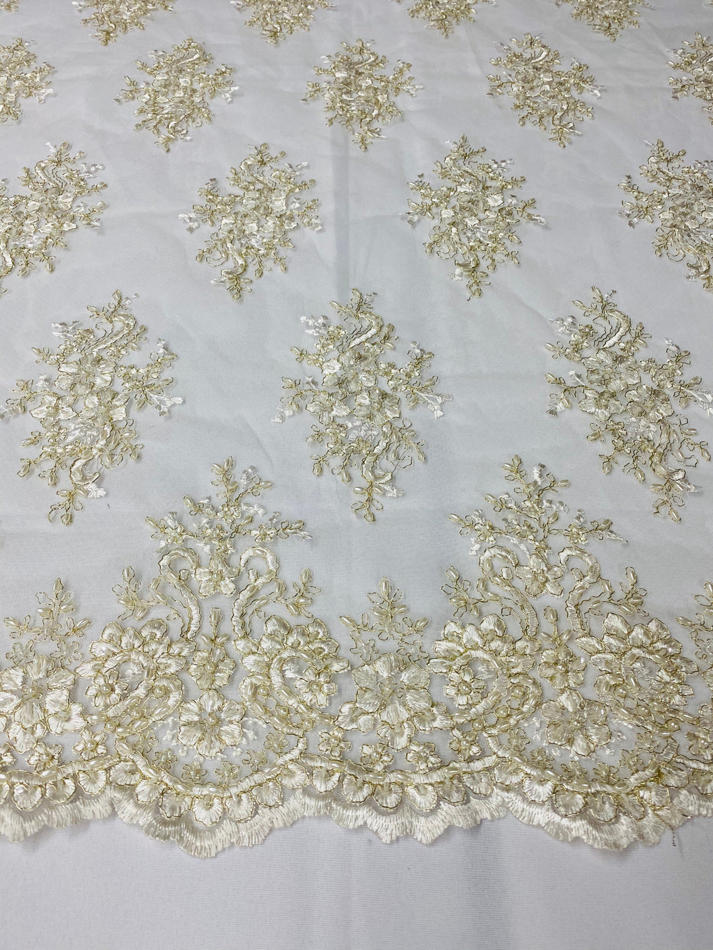 Floral Cluster Beads - Ivory Gold Metallic - Embroidered Beaded Flower Design Fabric on Mesh