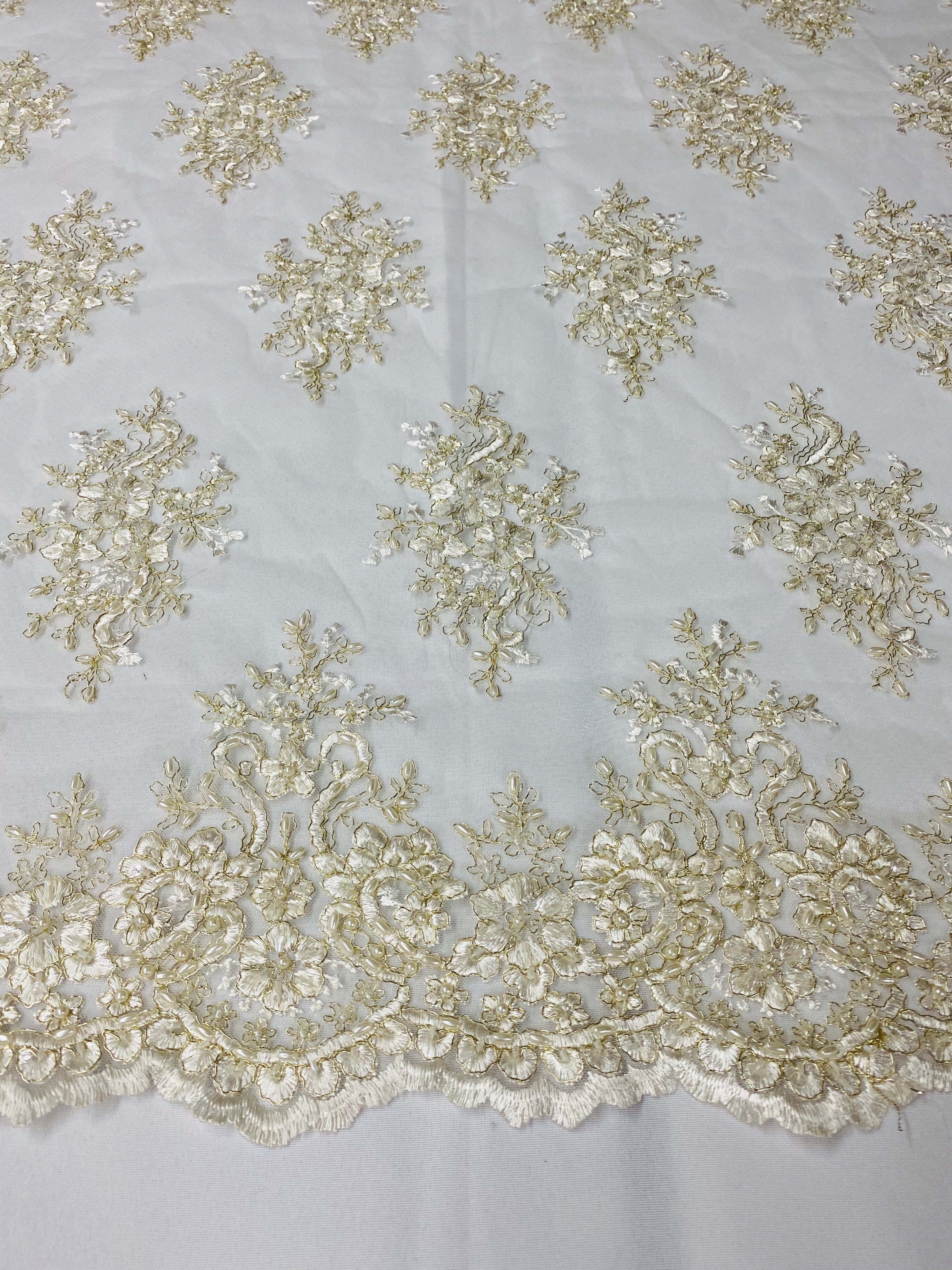 Floral Cluster Beads - Ivory Gold Metallic - Embroidered Beaded Flower Design Fabric on Mesh