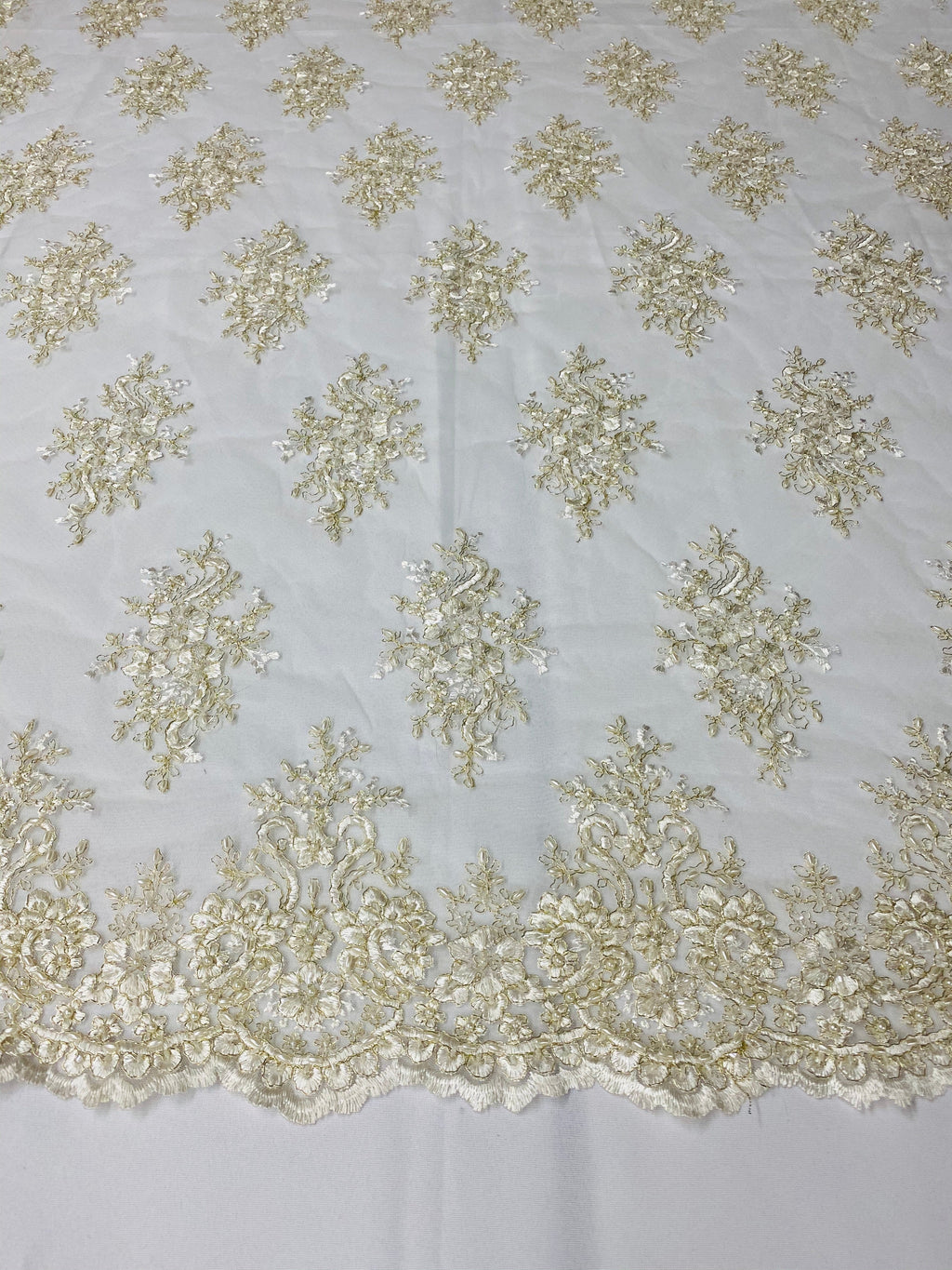Floral Cluster Beads - Ivory Gold Metallic - Embroidered Beaded Flower Design Fabric on Mesh