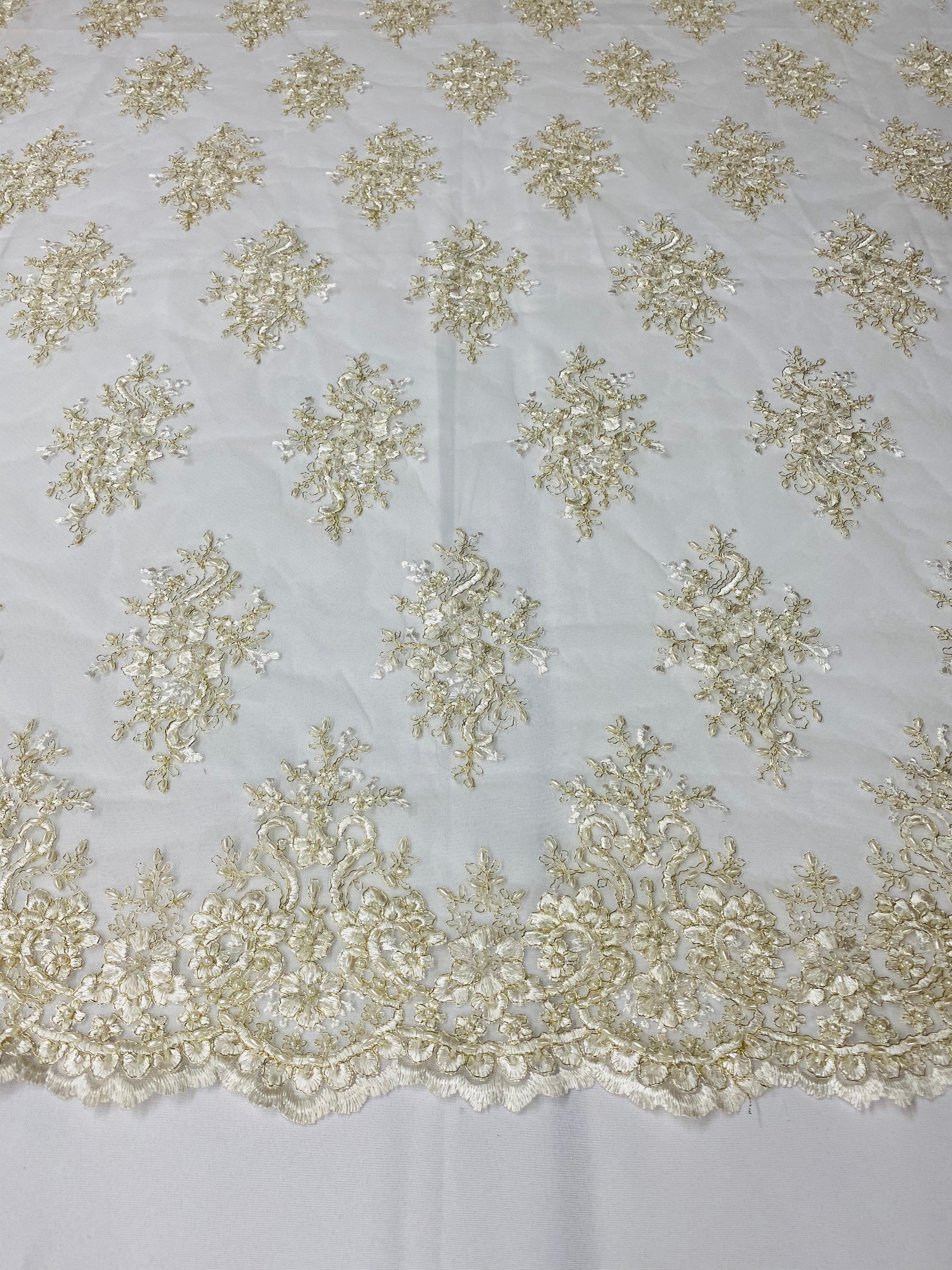 Floral Cluster Beads - Ivory Gold Metallic - Embroidered Beaded Flower Design Fabric on Mesh