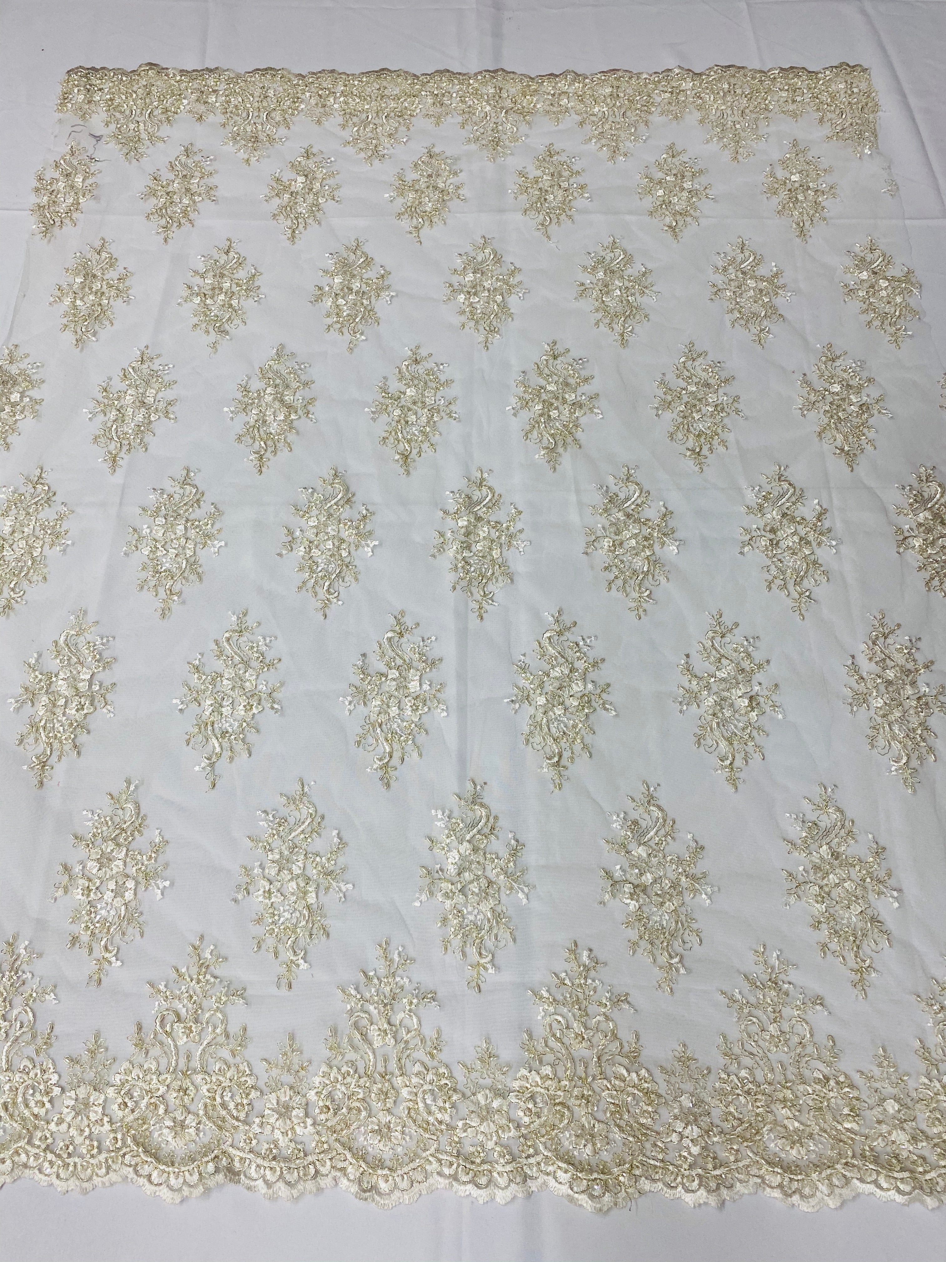 Floral Cluster Beads - Ivory Gold Metallic - Embroidered Beaded Flower Design Fabric on Mesh