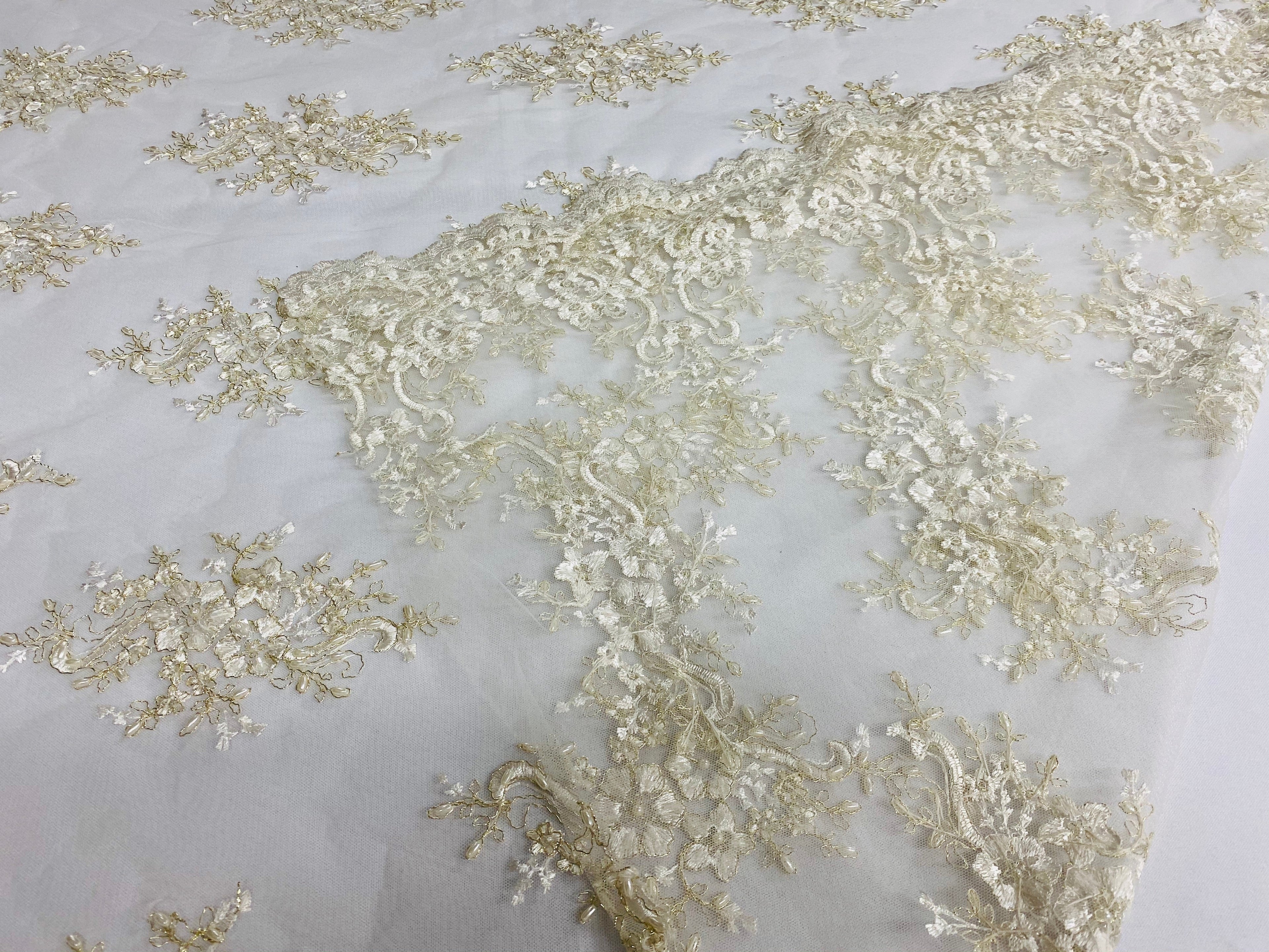 Floral Cluster Beads - Ivory Gold Metallic - Embroidered Beaded Flower Design Fabric on Mesh