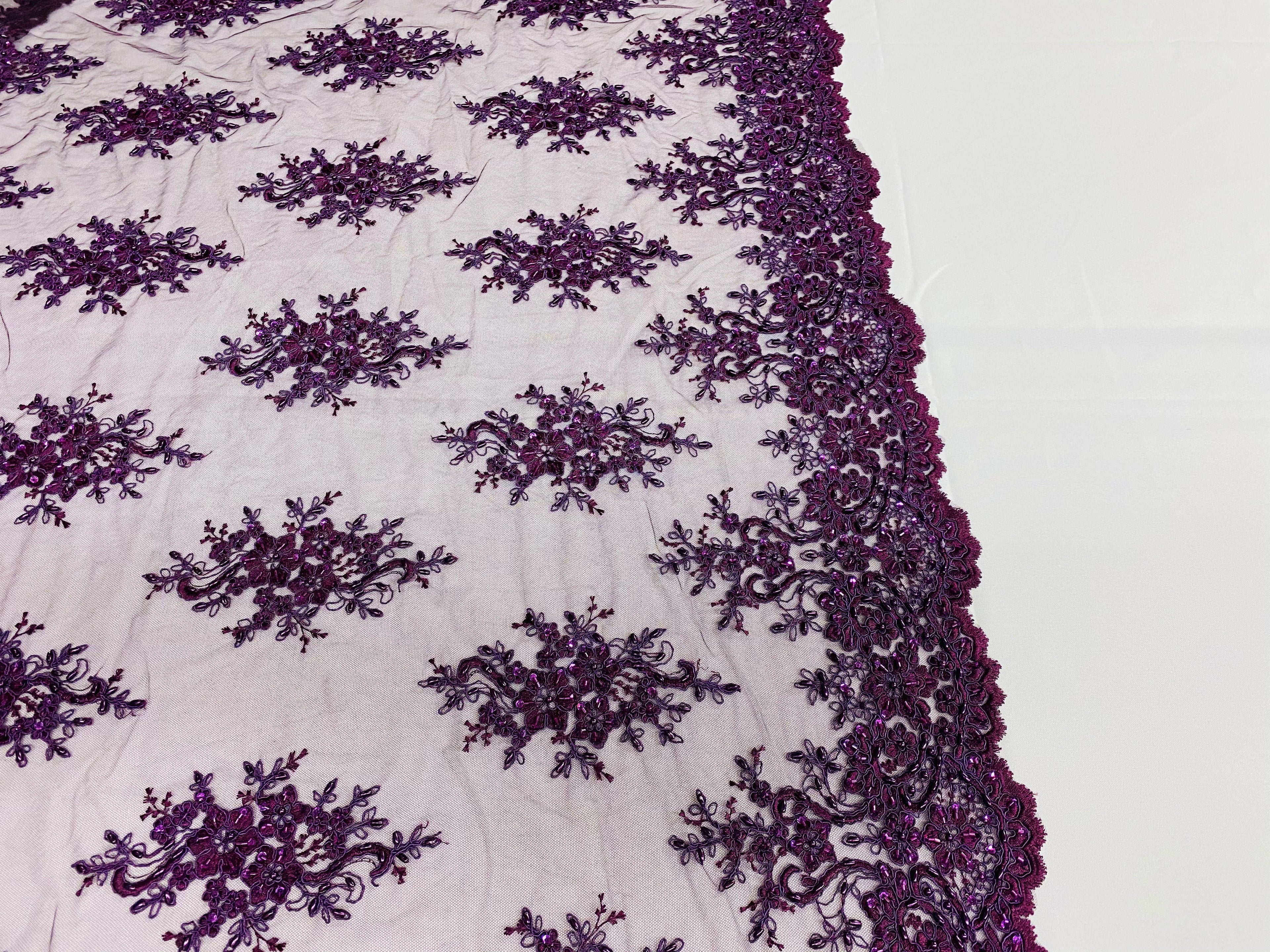 Floral Cluster Beads - Plum - Embroidered Beaded Flower Design Fabric on Mesh