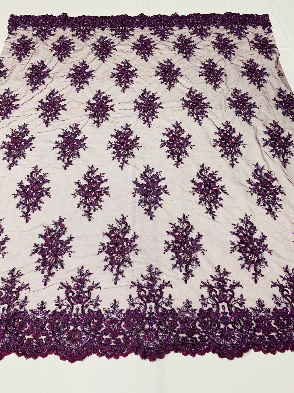 Floral Cluster Beads - Plum - Embroidered Beaded Flower Design Fabric on Mesh