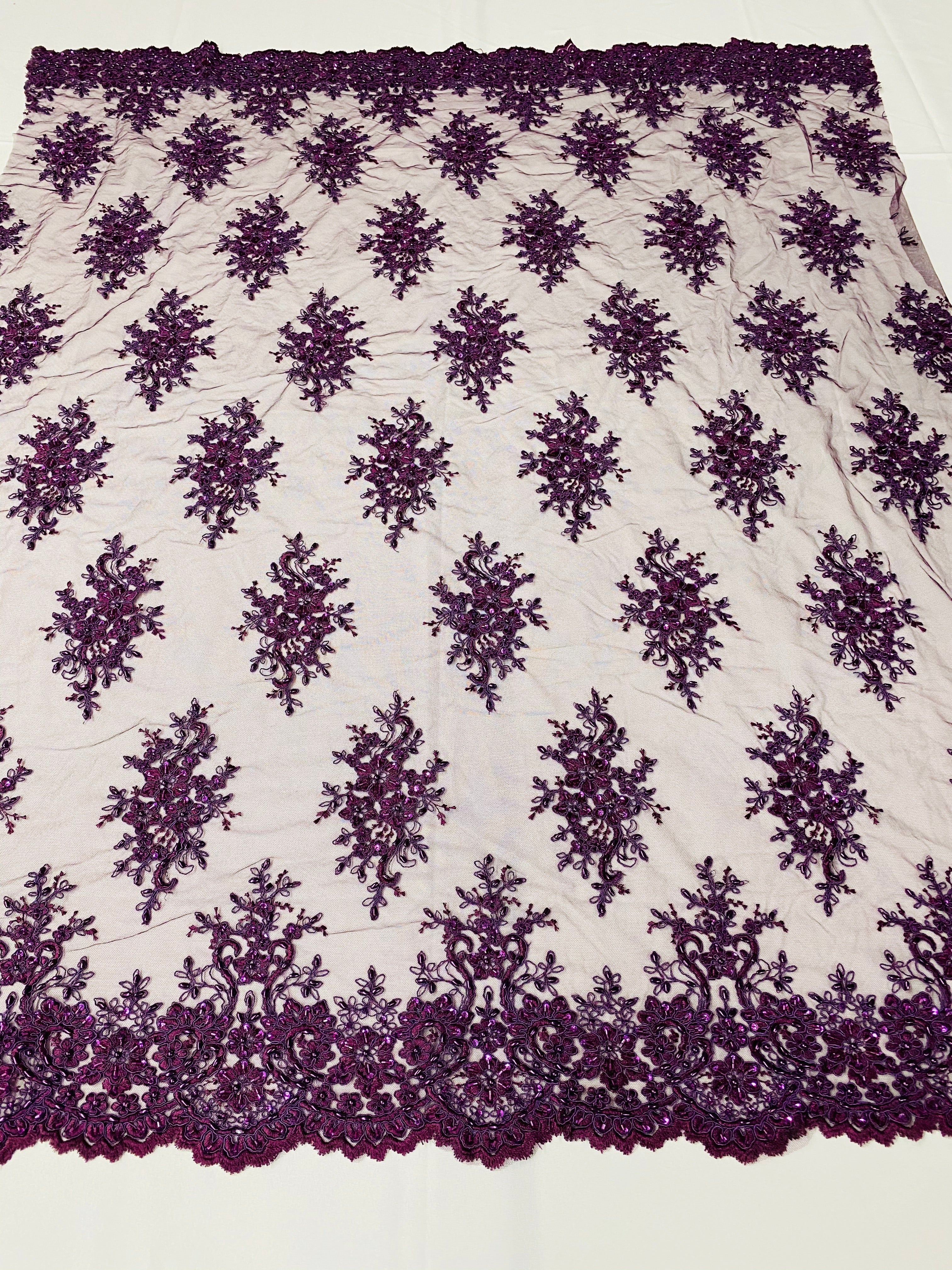 Floral Cluster Beads - Plum - Embroidered Beaded Flower Design Fabric on Mesh