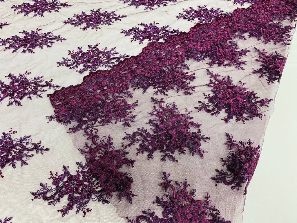 Floral Cluster Beads - Plum - Embroidered Beaded Flower Design Fabric on Mesh