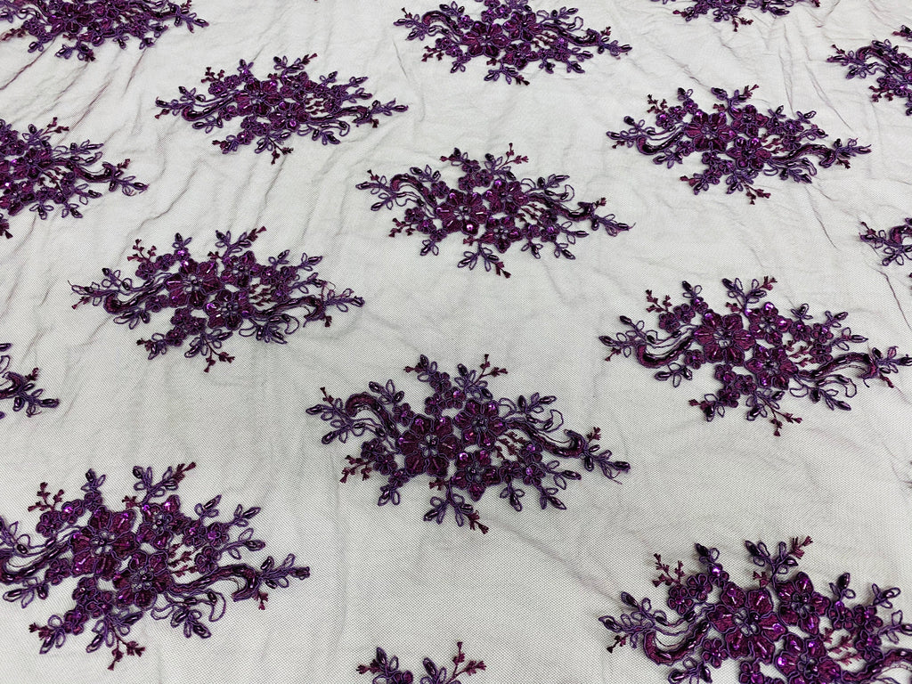 Floral Cluster Beads - Plum - Embroidered Beaded Flower Design Fabric on Mesh