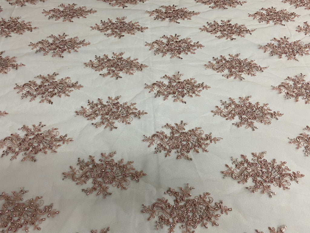 Floral Cluster Beads - Blush - Embroidered Beaded Flower Design Fabric on Mesh