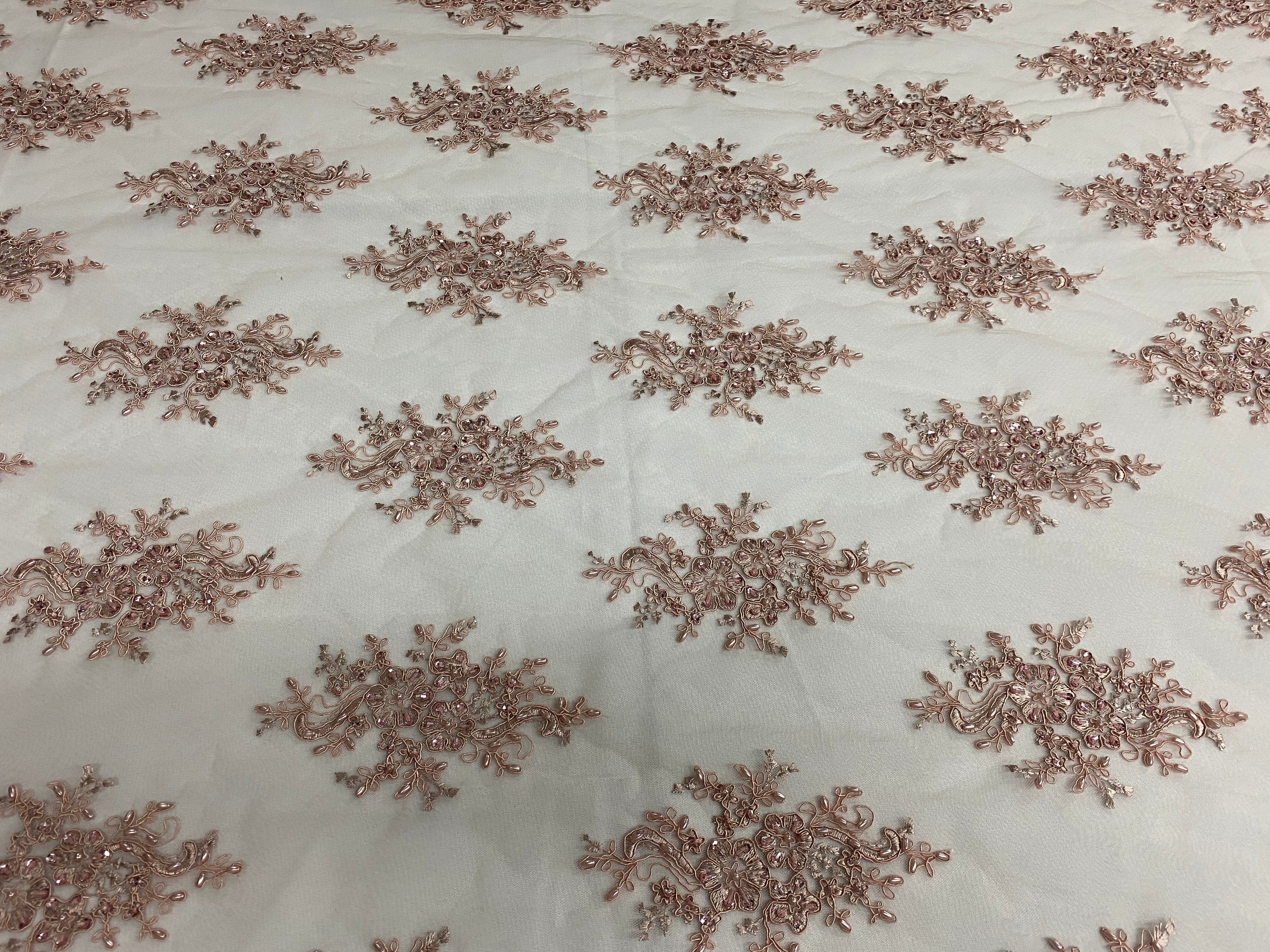 Floral Cluster Beads - Blush - Embroidered Beaded Flower Design Fabric on Mesh