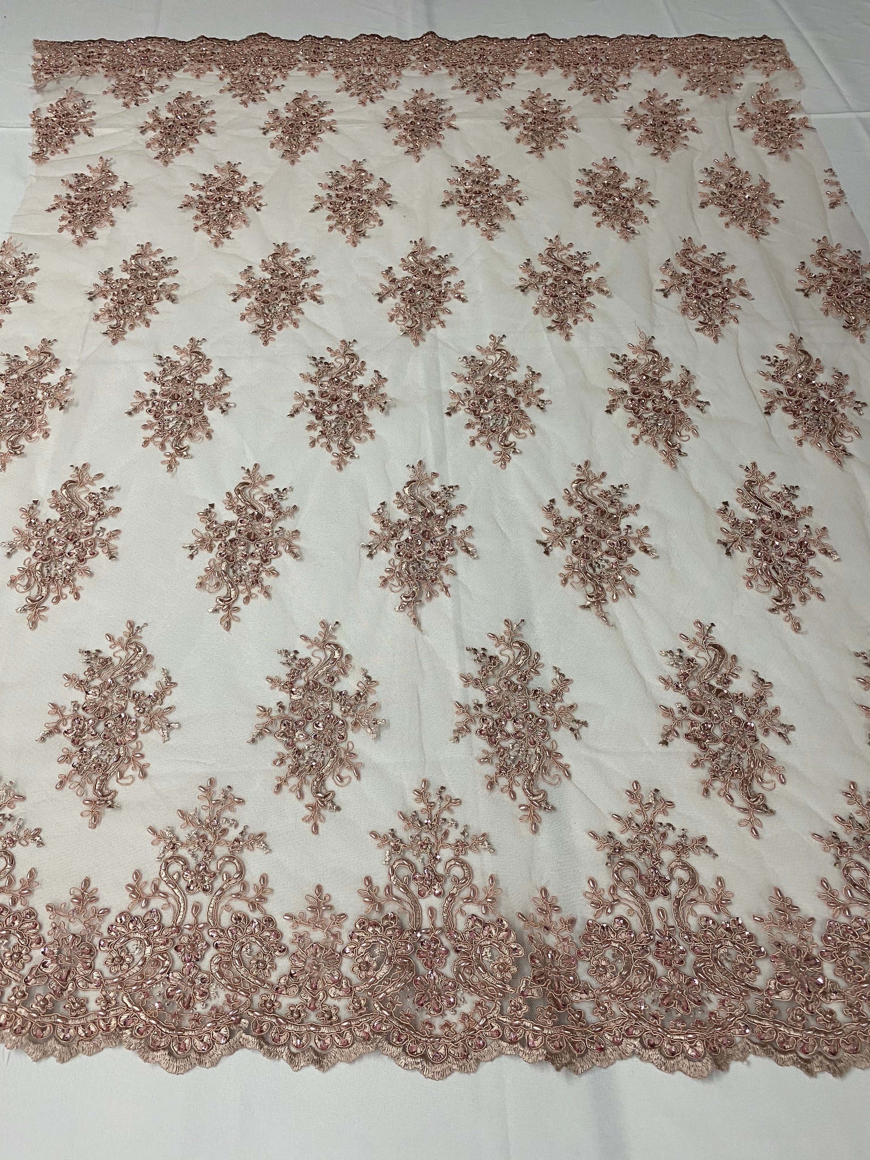 Floral Cluster Beads - Blush - Embroidered Beaded Flower Design Fabric on Mesh